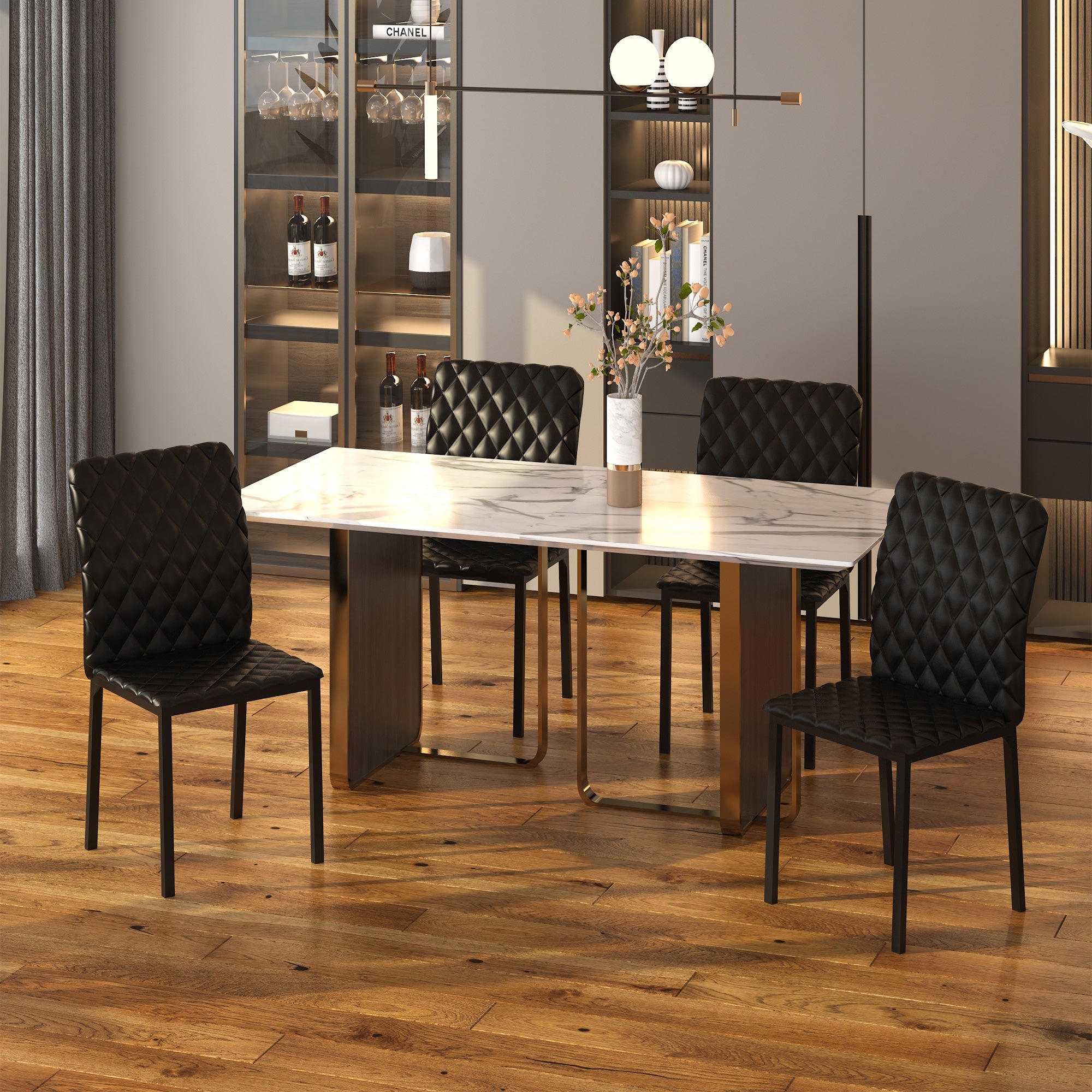 EasyComfort Set 4 Sedie per Cucina e Soggiorno da Pranzo moderno in Finta Pelle with Cuciture a Rombi e Gambe in Metallo, black