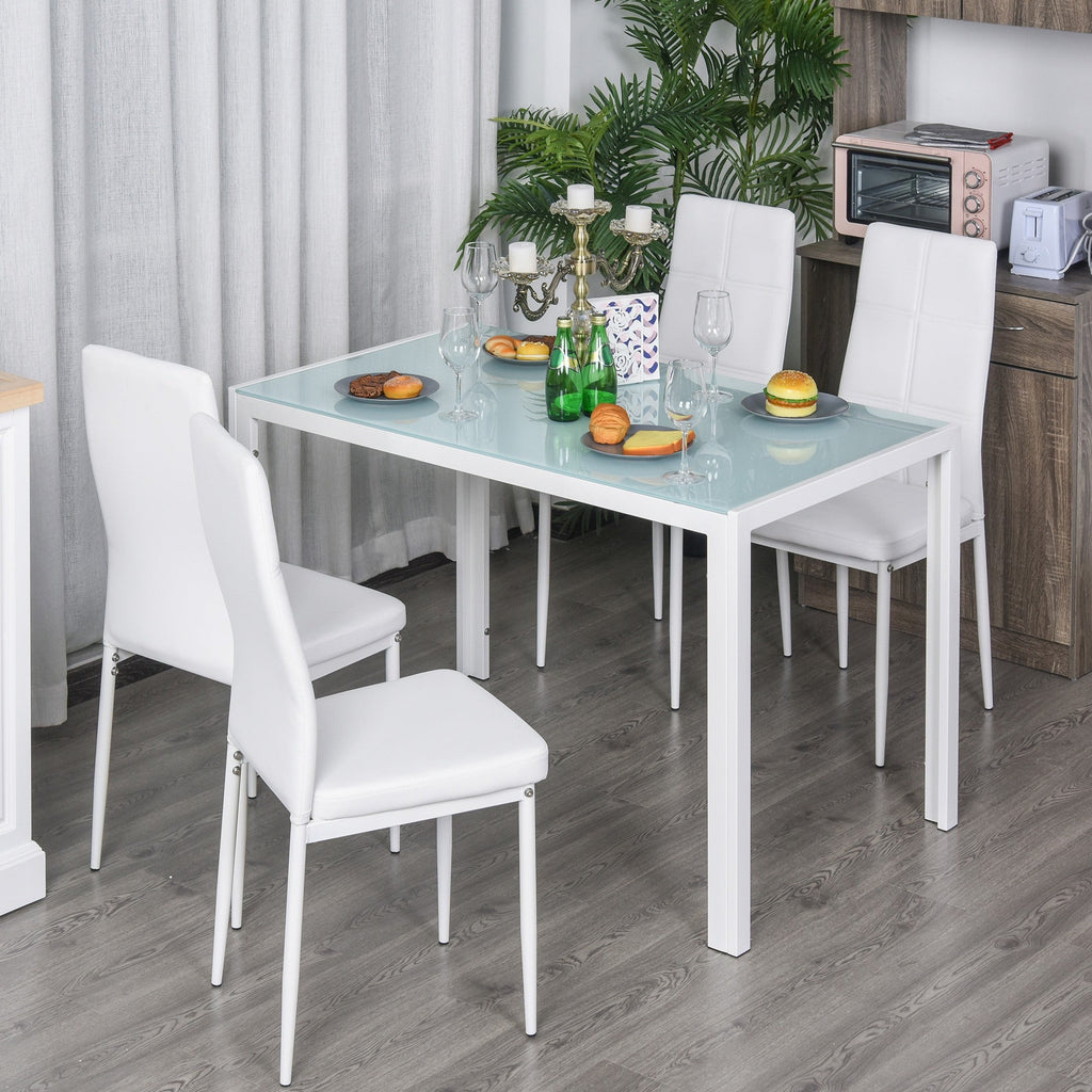 Easycomfort Set 5 Pezzi with 1 Tavolo e 4 Sedie per Cucina o Sala da Pranzo in Finta Pelle, Metallo e Vetro Temperato, white