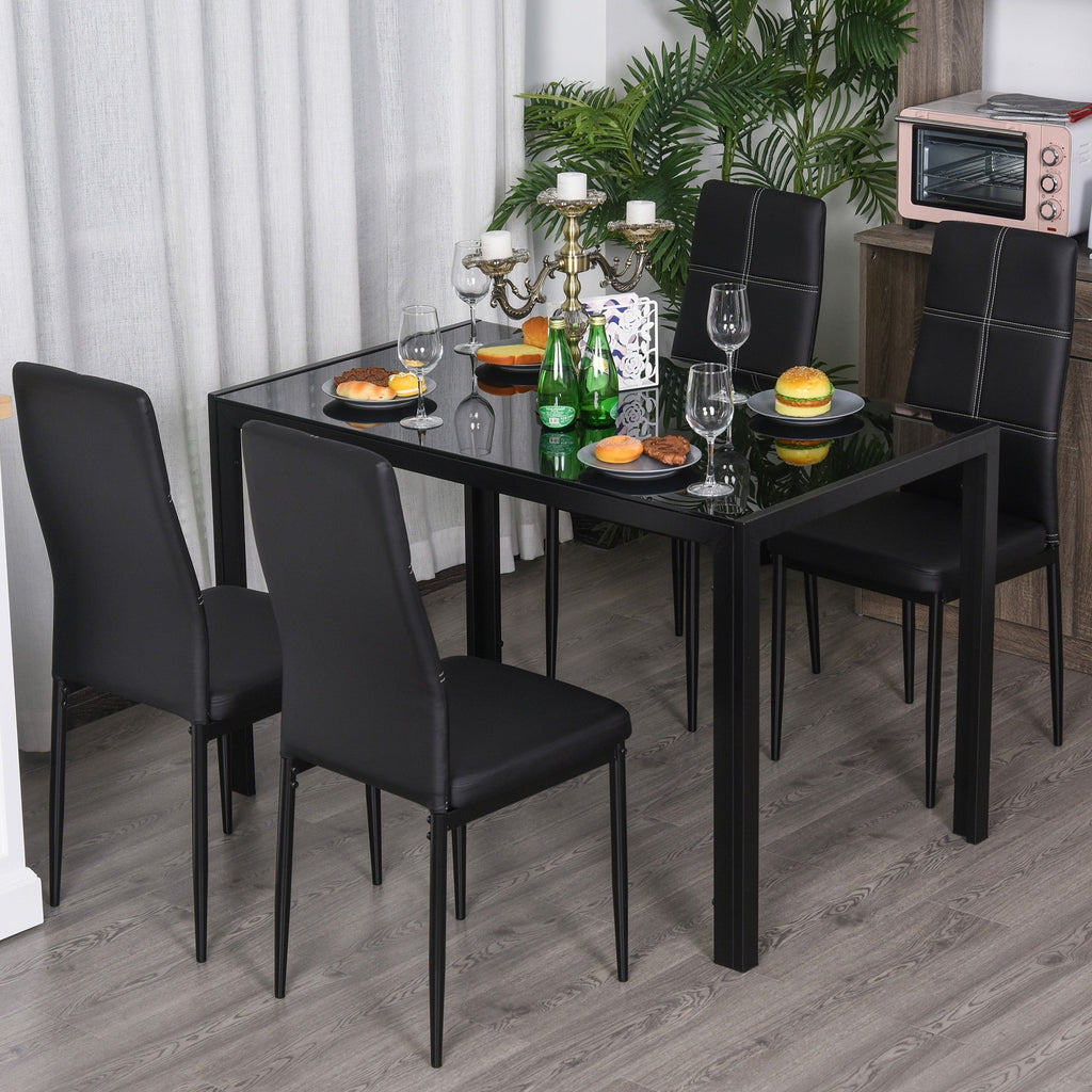 Easycomfort Set 5 Pezzi with 1 Tavolo e 4 Sedie per Cucina o Sala da Pranzo in Finta Pelle, Metallo e Vetro Temperato, black