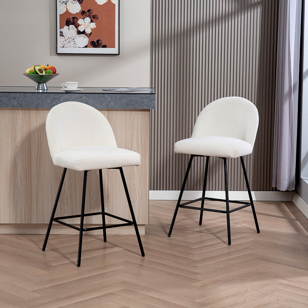 EasyComfort Set da 2 Sgabelli da Bar with Schienale in Velluto e Poggiapiedi in Acciaio, white Crema