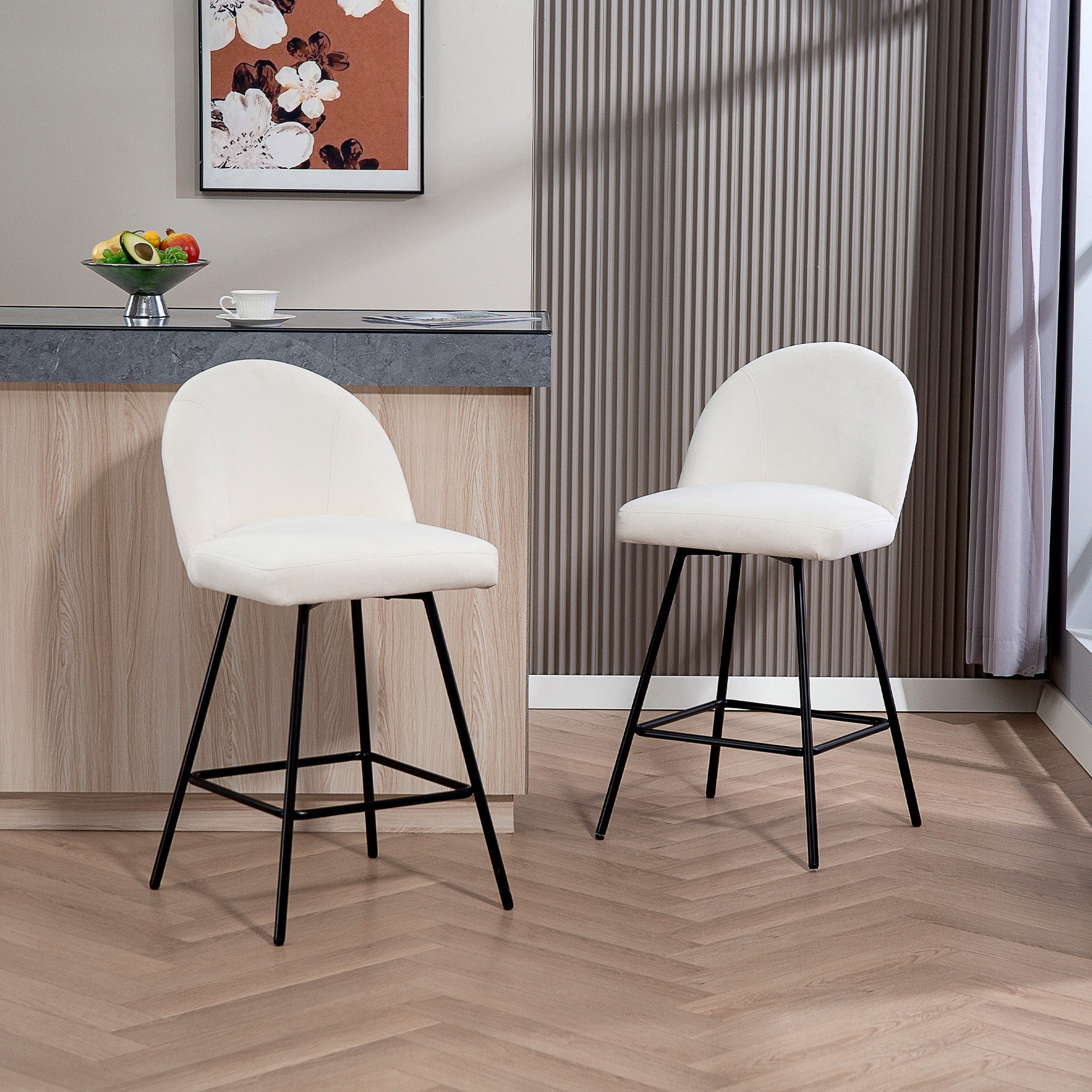 EasyComfort Set da 2 Sgabelli da Bar with Schienale in Velluto e Poggiapiedi in Acciaio, white Crema