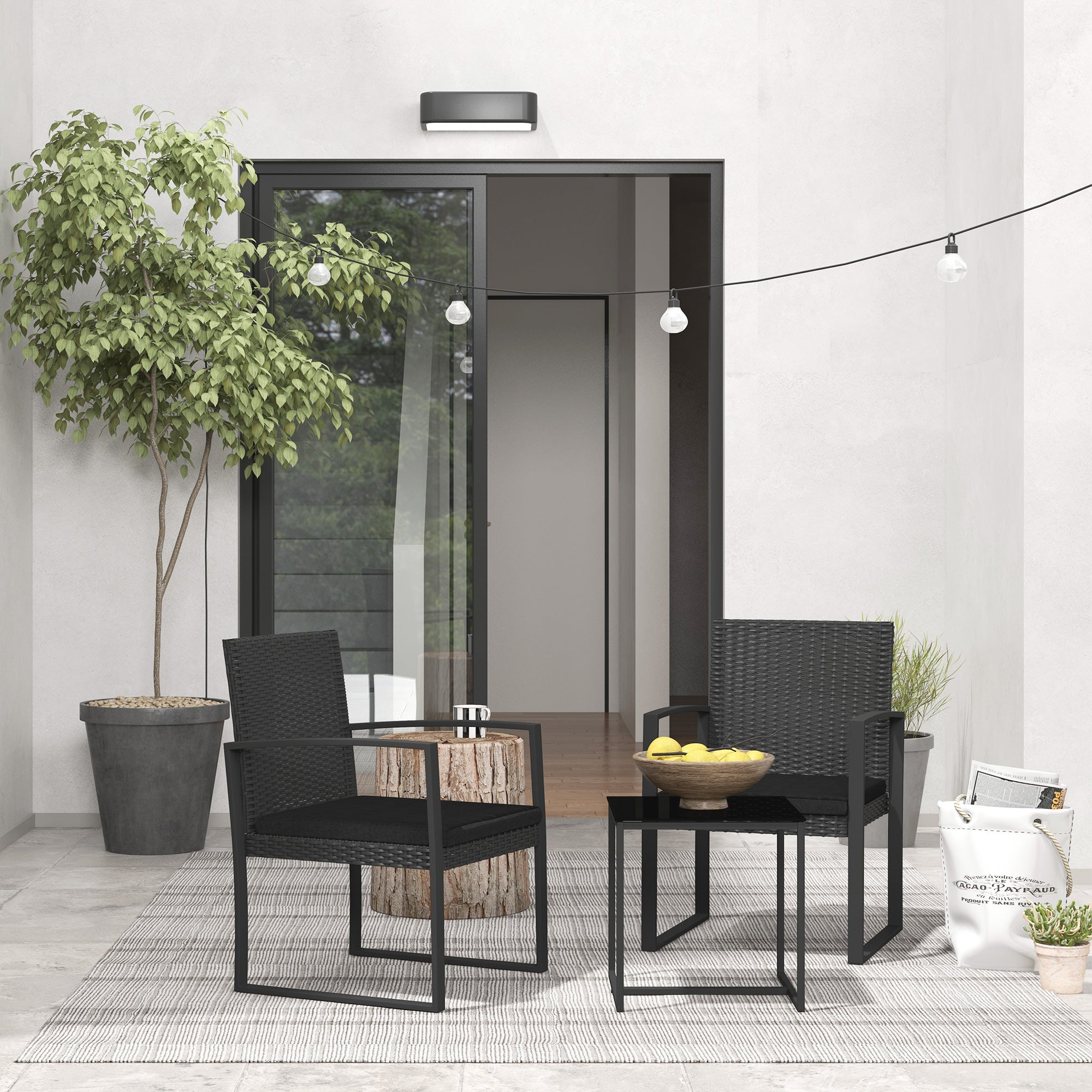 EasyComfort Set da Giardino 3 Pezzi with 2 Sedie with Cuscini e Tavolino with Piano in Vetro, Effetto Rattan black