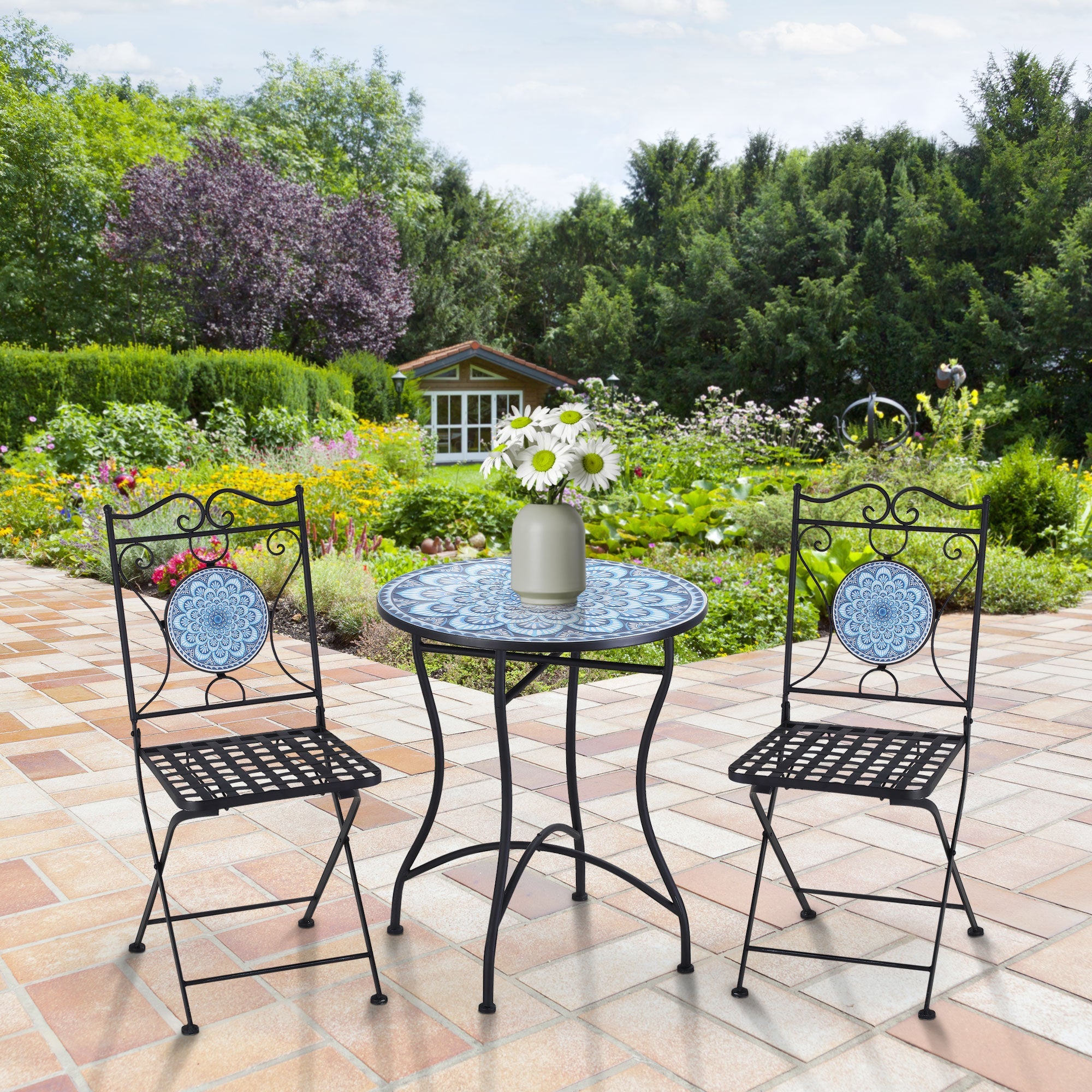 EasyComfort 3-delige tuinset – bijzettafel + 2 opvouwbare stoelen, blauw