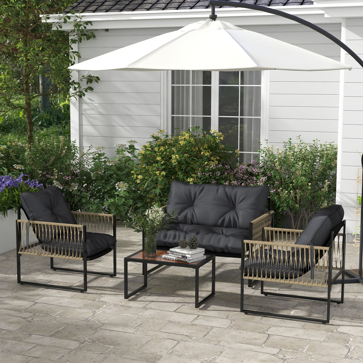 EasyComfort 4-delig PE-rattan tuinset – twee-zitsbank, 2 stoelen en salontafel, grijs/bruin