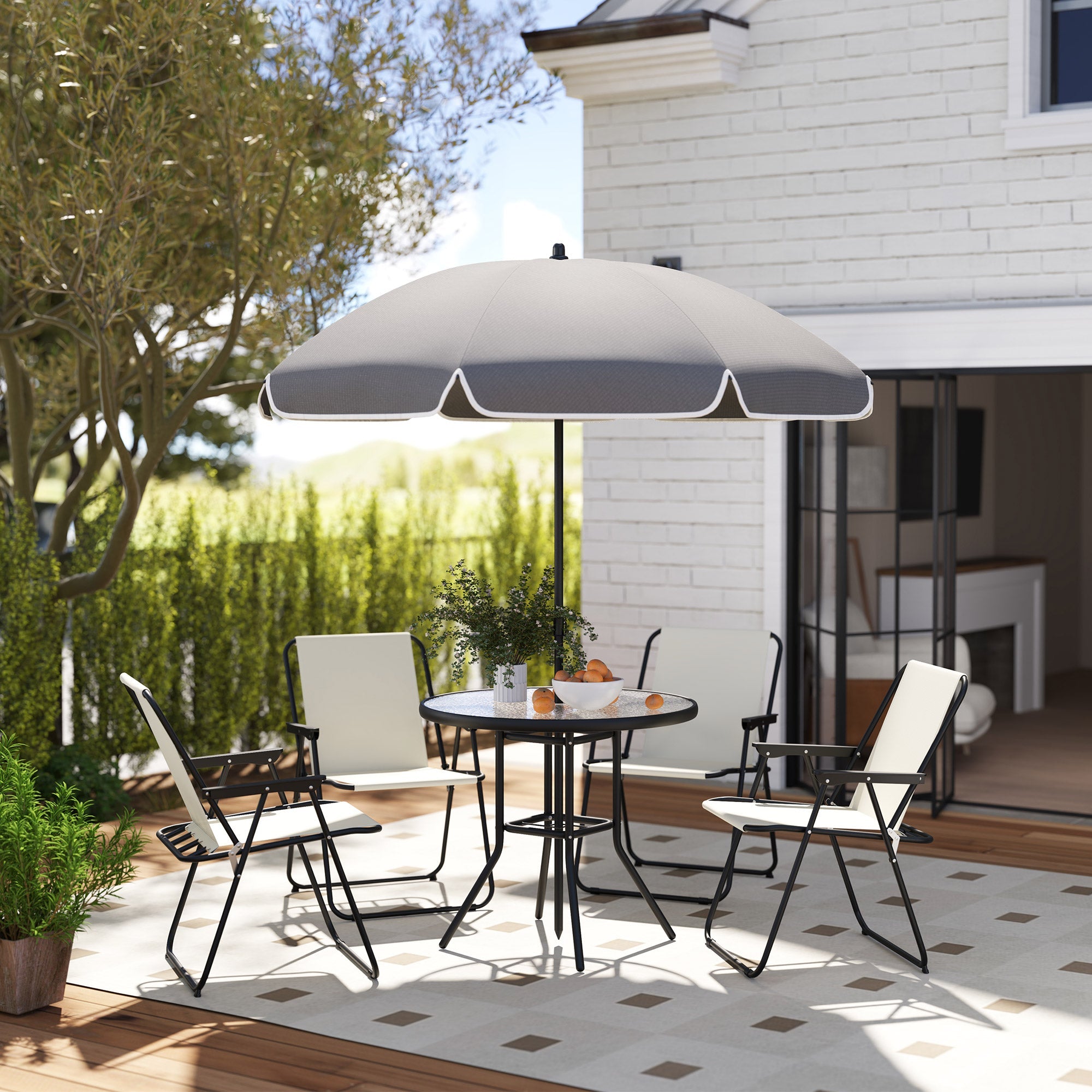 EasyComfort Set da Giardino 6 Pezzi in Acciaio with 4 Sedie Pieghevoli, Ombrellone e Tavolo Rotondo, Crema, Grigio e black