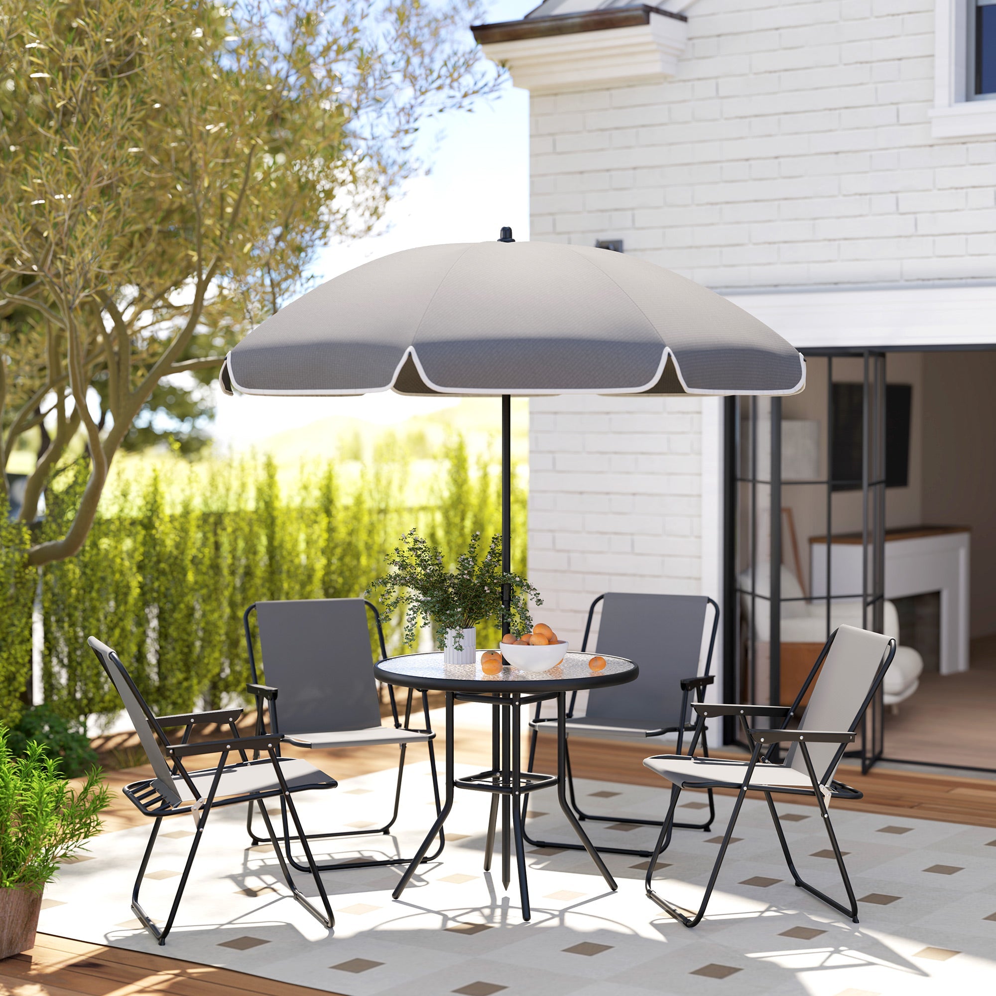 EasyComfort Set 6-delig Tuinset staal Ø80 cm tafel + 4 klapstoelen + parasol