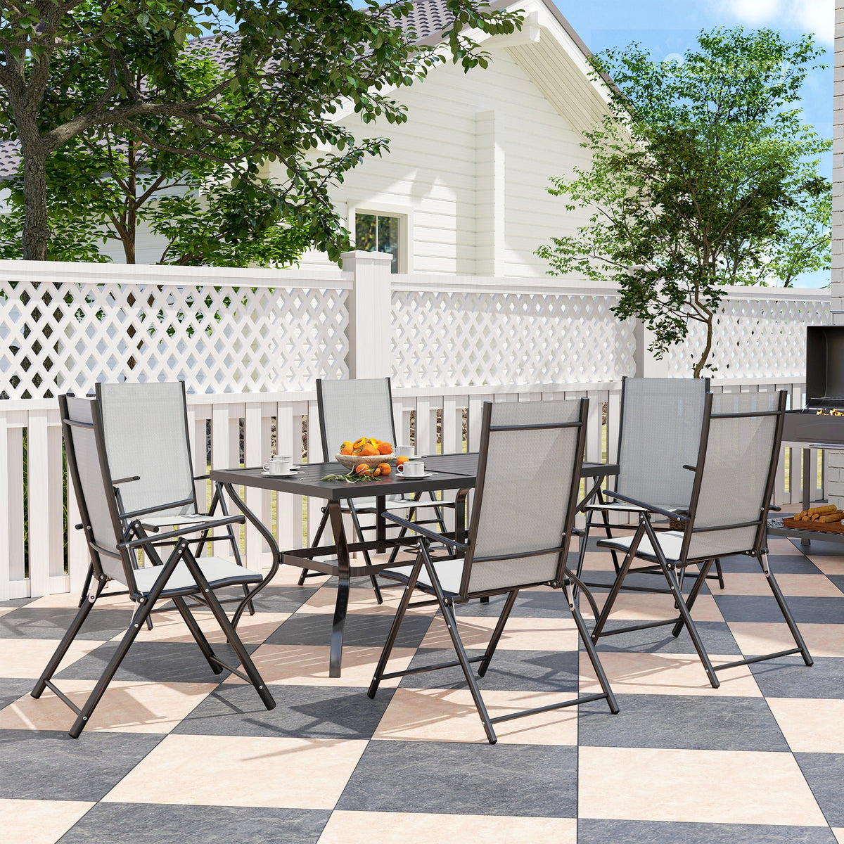 EasyComfort 7-delige tuinset – tafel met parasolgat en 6 inklapbare stoelen, grijs