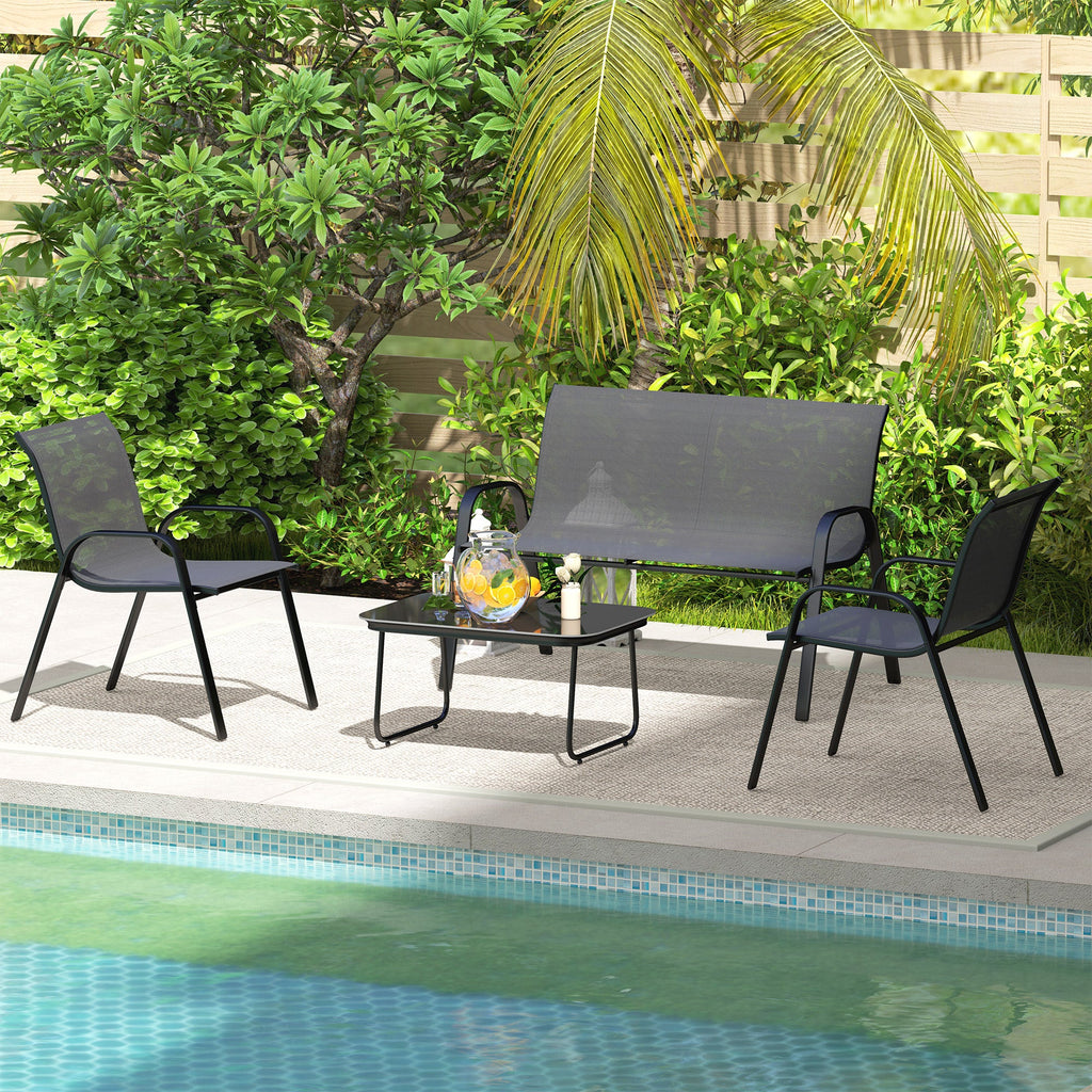 EasyComfort tuinset 2‑zitsbank + 2 stapelbare fauteuils + tafel, zwart
