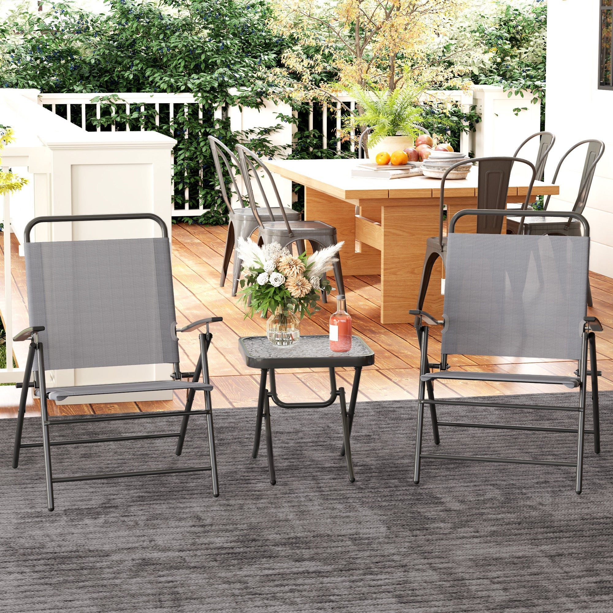 EasyComfort Set da Giardino with Tavolo with Piano in Vetro e 2 Sedie Pieghevoli with Schienale Regolabile, Grigio