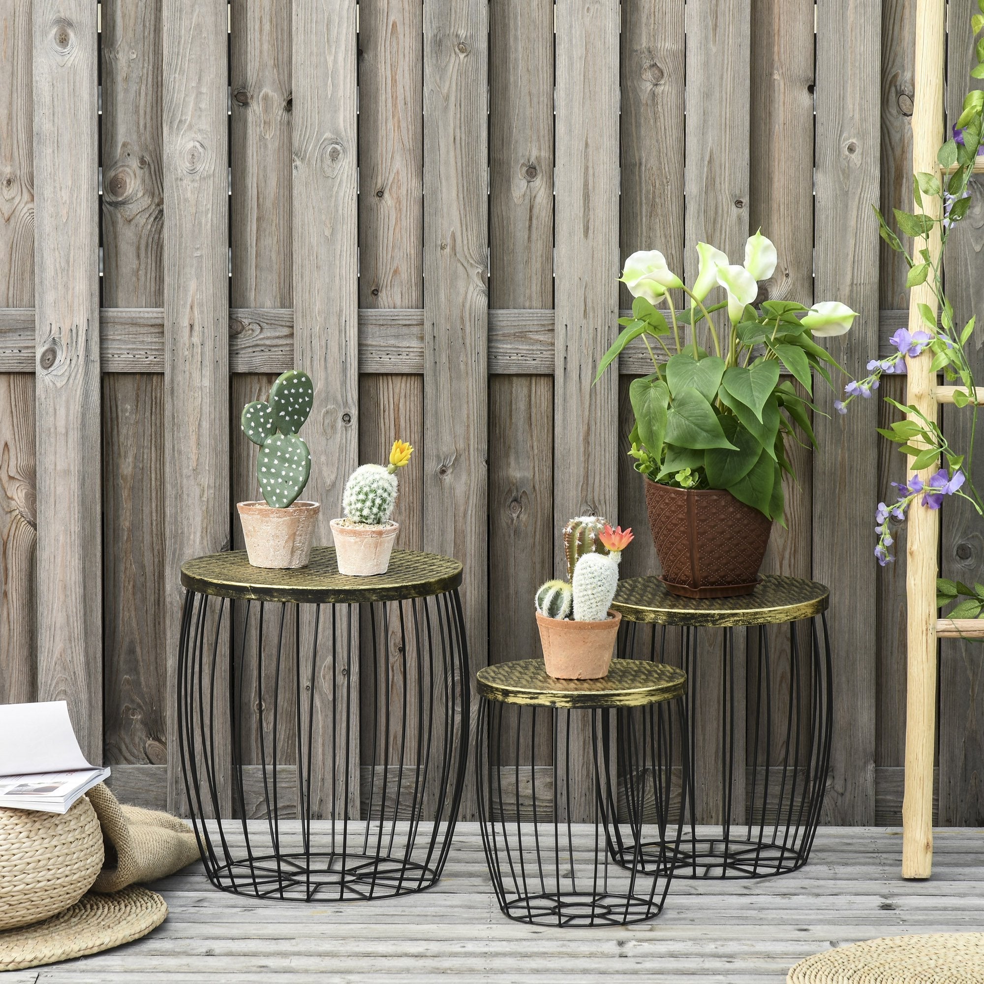 Easycomfort Set da Giardino Esterno, 3 Tavolini da Balcone Impilabili, Arredamento da Giardino Stile Industriale in Metallo black