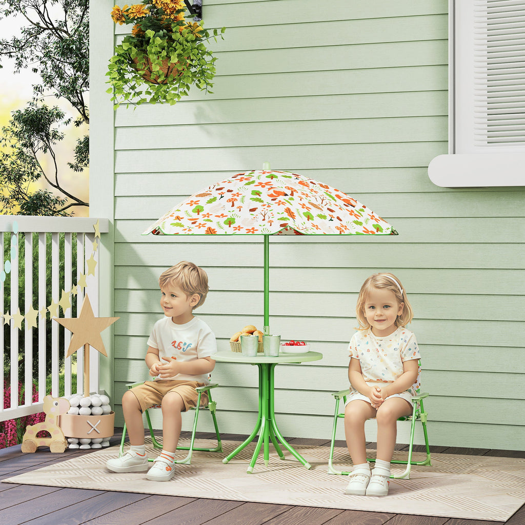 EasyComfort tuinset kinderen 2–5 jaar, ronde tafel, 2 inklapbare stoelen & parasol, groen