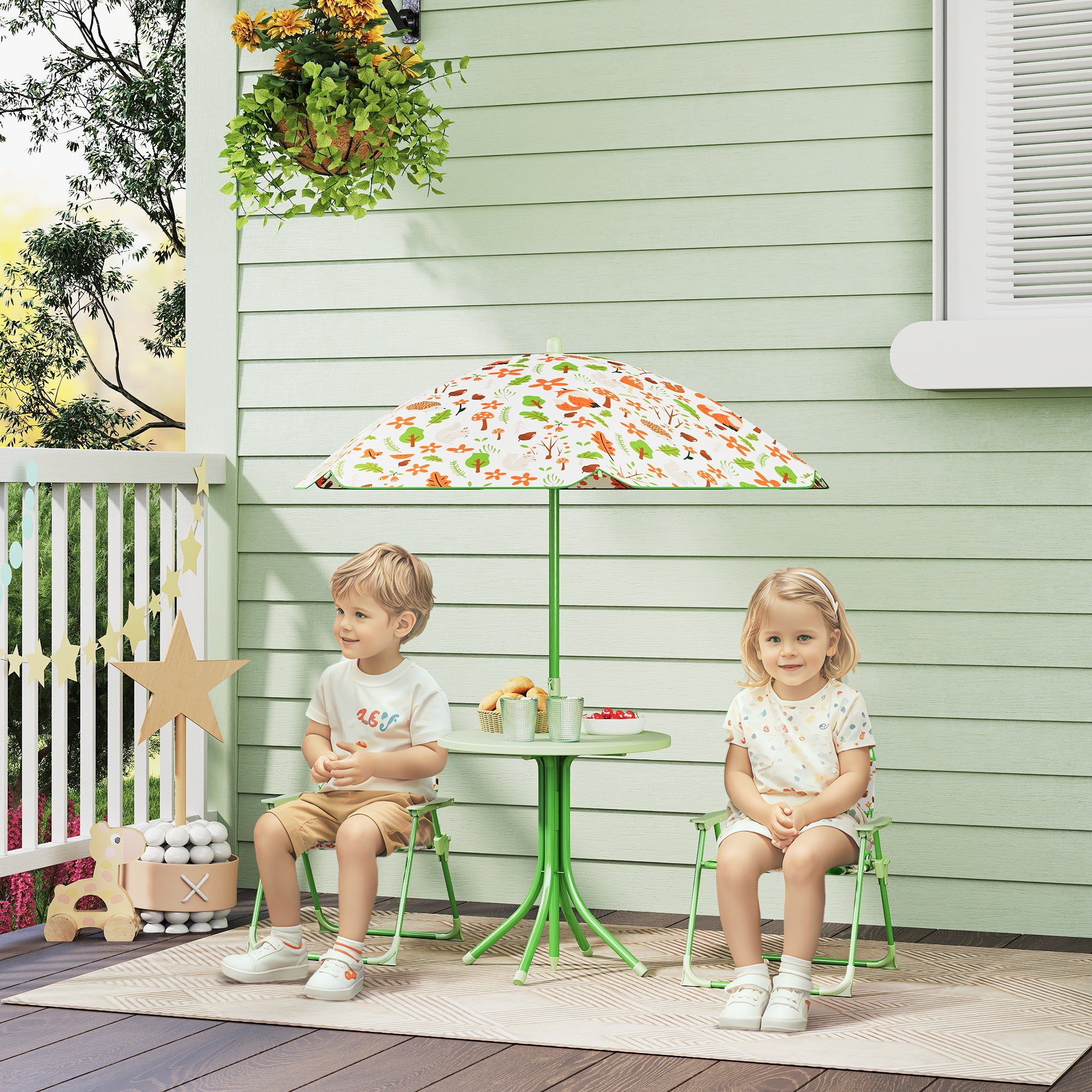 EasyComfort tuinset kinderen 2–5 jaar, ronde tafel, 2 inklapbare stoelen & parasol, groen