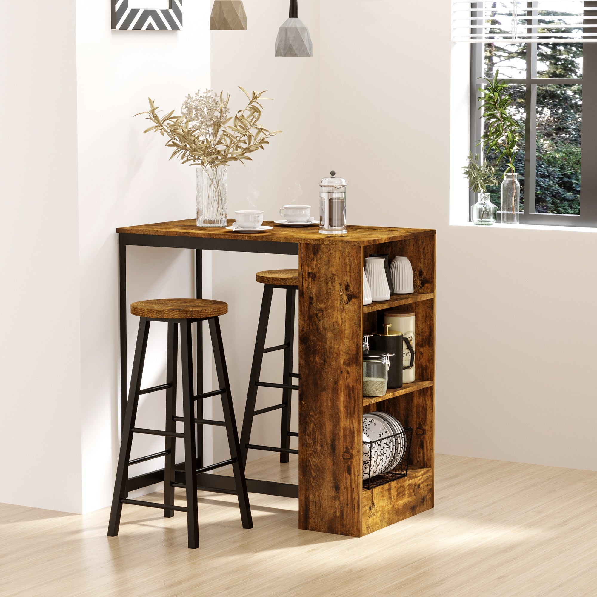 EasyComfort Eettafelset met bar en 2 barkrukken, 3 planken (bruin/zwart)