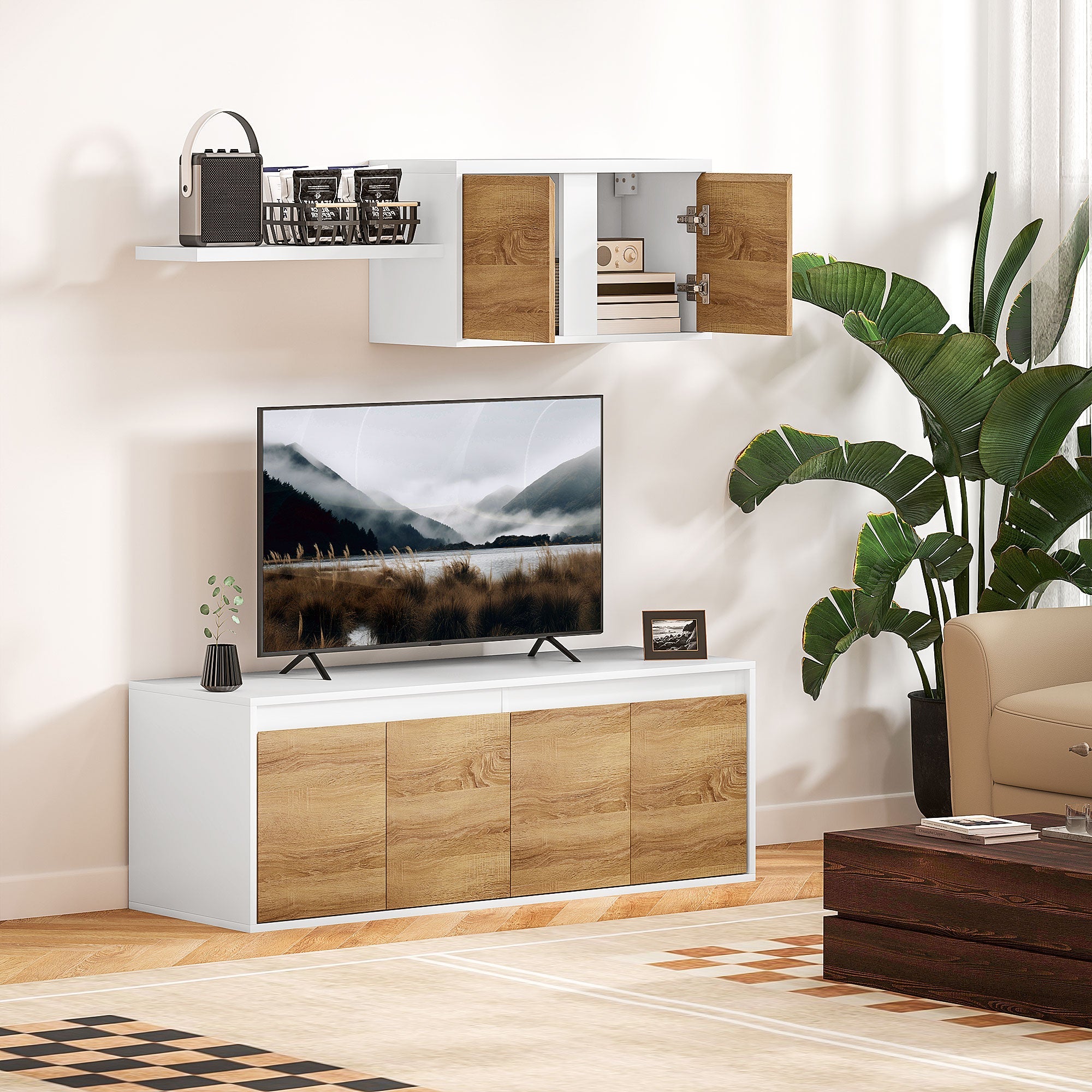 EasyComfort set TV-meubel en wandkast 120x41x43.3 cm, wit/hout