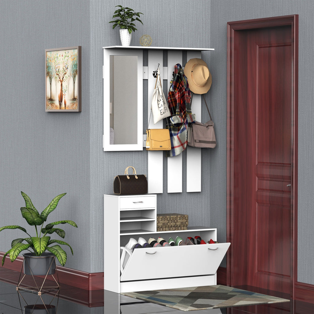 Easycomfort Set Mobili Ingresso Moderno with Scarpiera e Specchio, Appendiabiti da Ingresso with 6 Ganci, 2 Ripiani Regolabili e Cassetti in Legno per Corridoio, 90x24x177 cm, white
