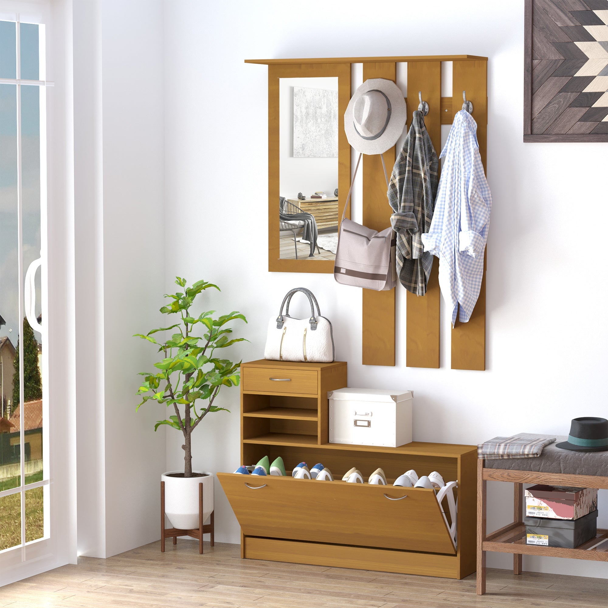 Easycomfort Set Mobili Ingresso Moderno with Scarpiera e Specchio, Appendiabiti da Ingresso with 6 Ganci, 2 Ripiani Regolabili e Cassetti in Legno per Corridoio, 90x24x177 cm, Legno