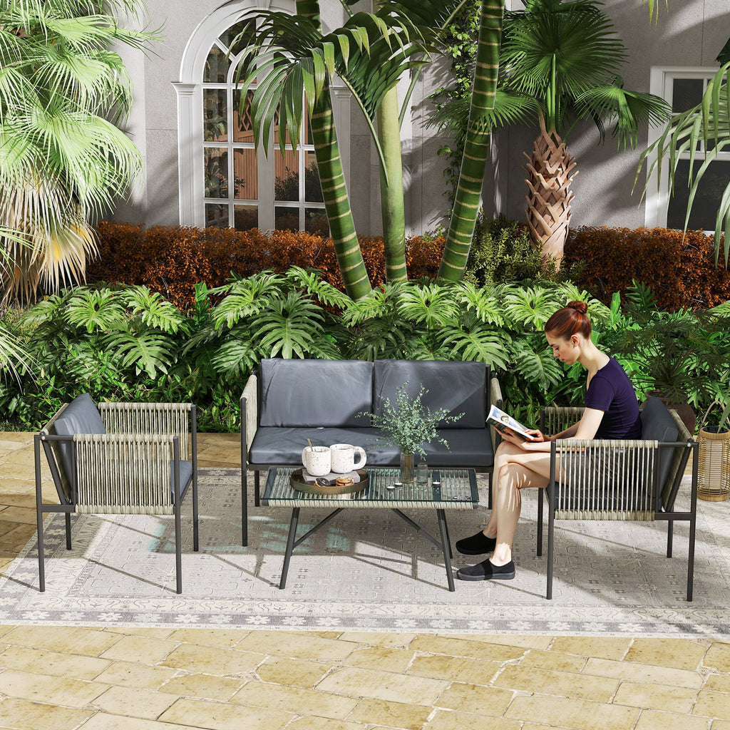 EasyComfort 4‑zits rattan loungeset met glazen tafel, grijs
