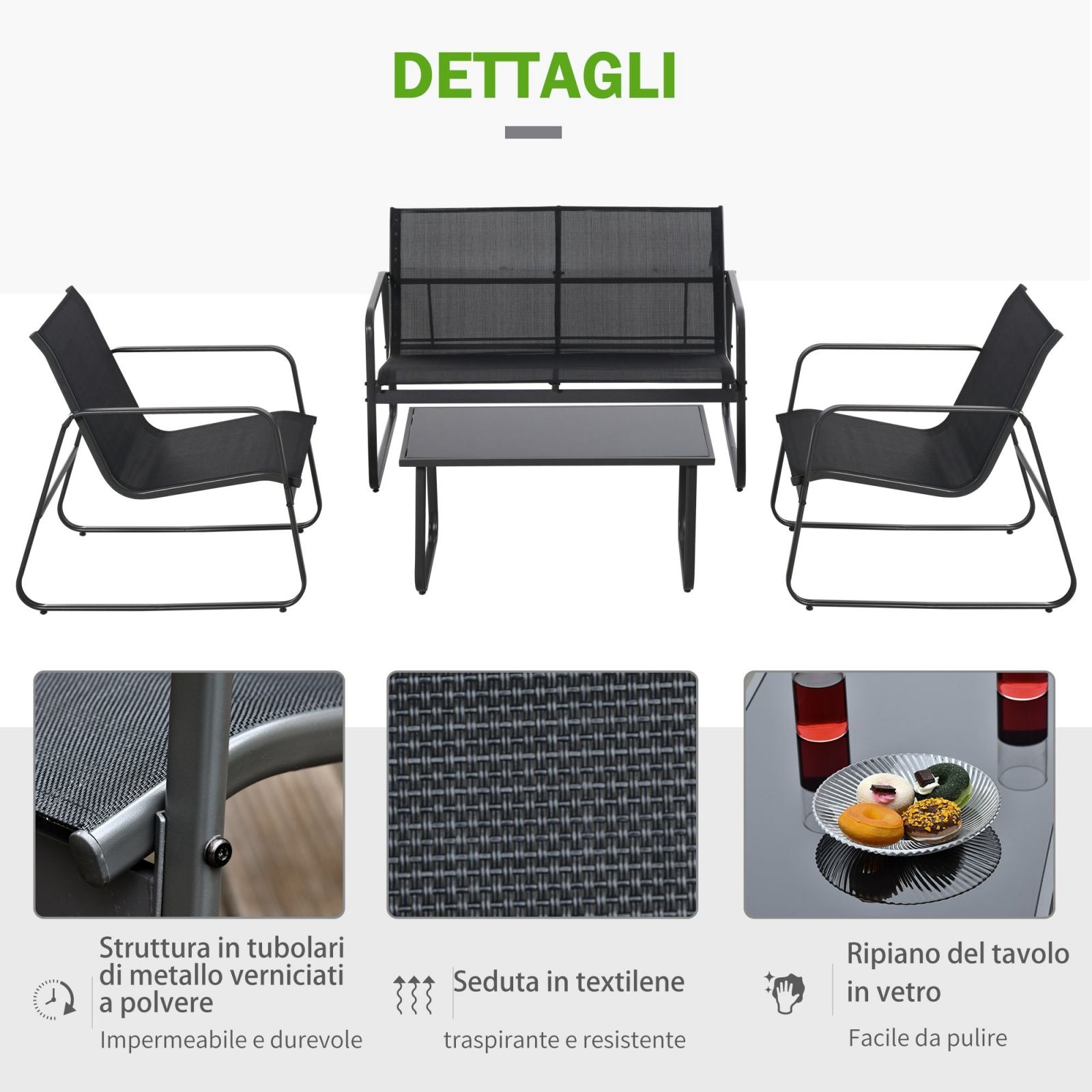 EASYCOMFORT Set of Coffee Table with Bench and 2 Garden Chairs, Outdoor Furniture in Metal and Textilene, Black