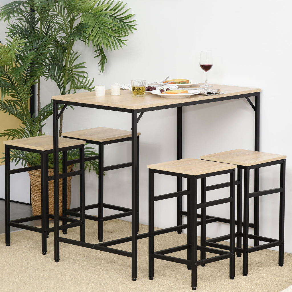 Easycomfort Set Tavolo Alto with 4 Sgabelli Stile Industriale in Metallo e Legno, Rovere Chiaro