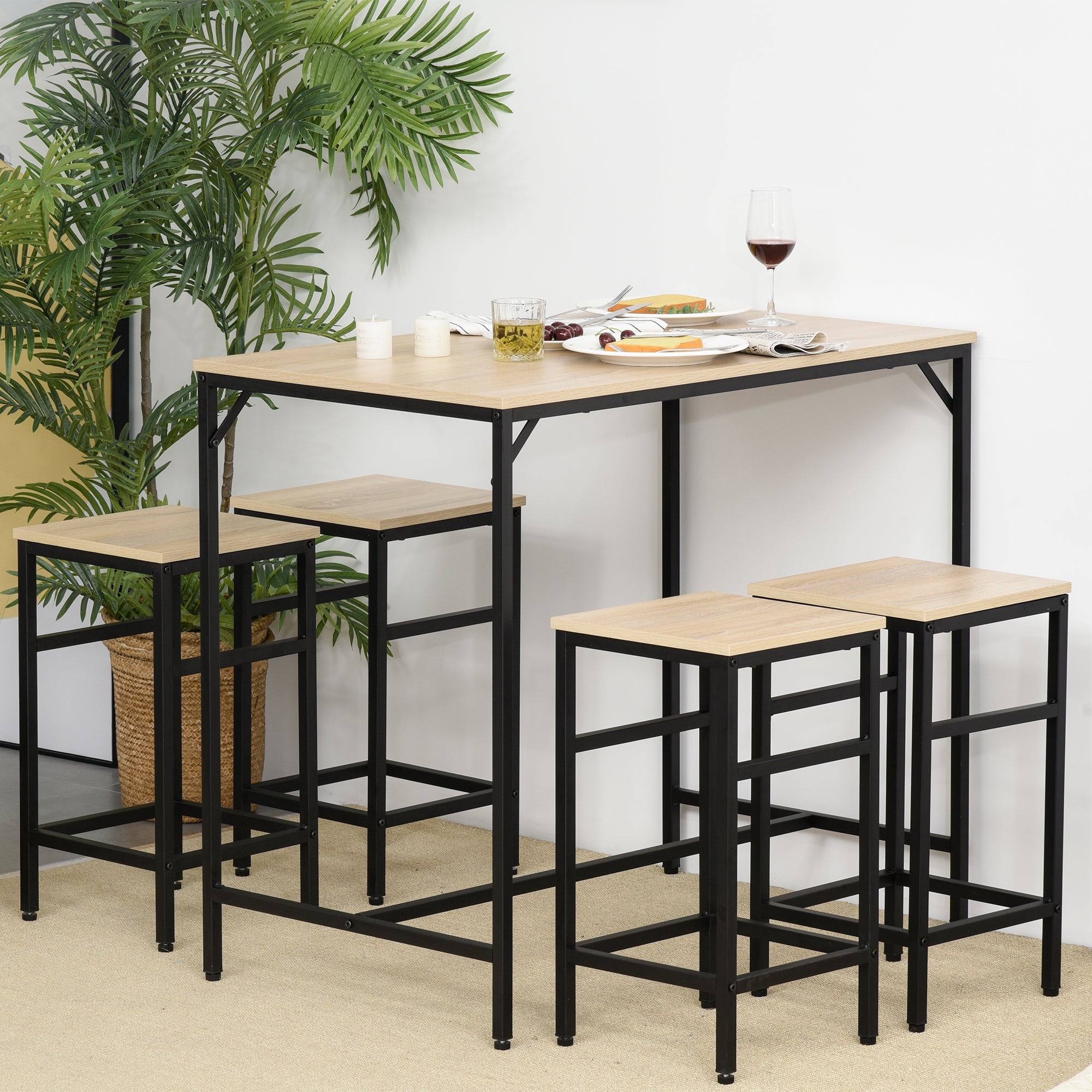 Easycomfort Set Tavolo Alto with 4 Sgabelli Stile Industriale in Metallo e Legno, Rovere Chiaro