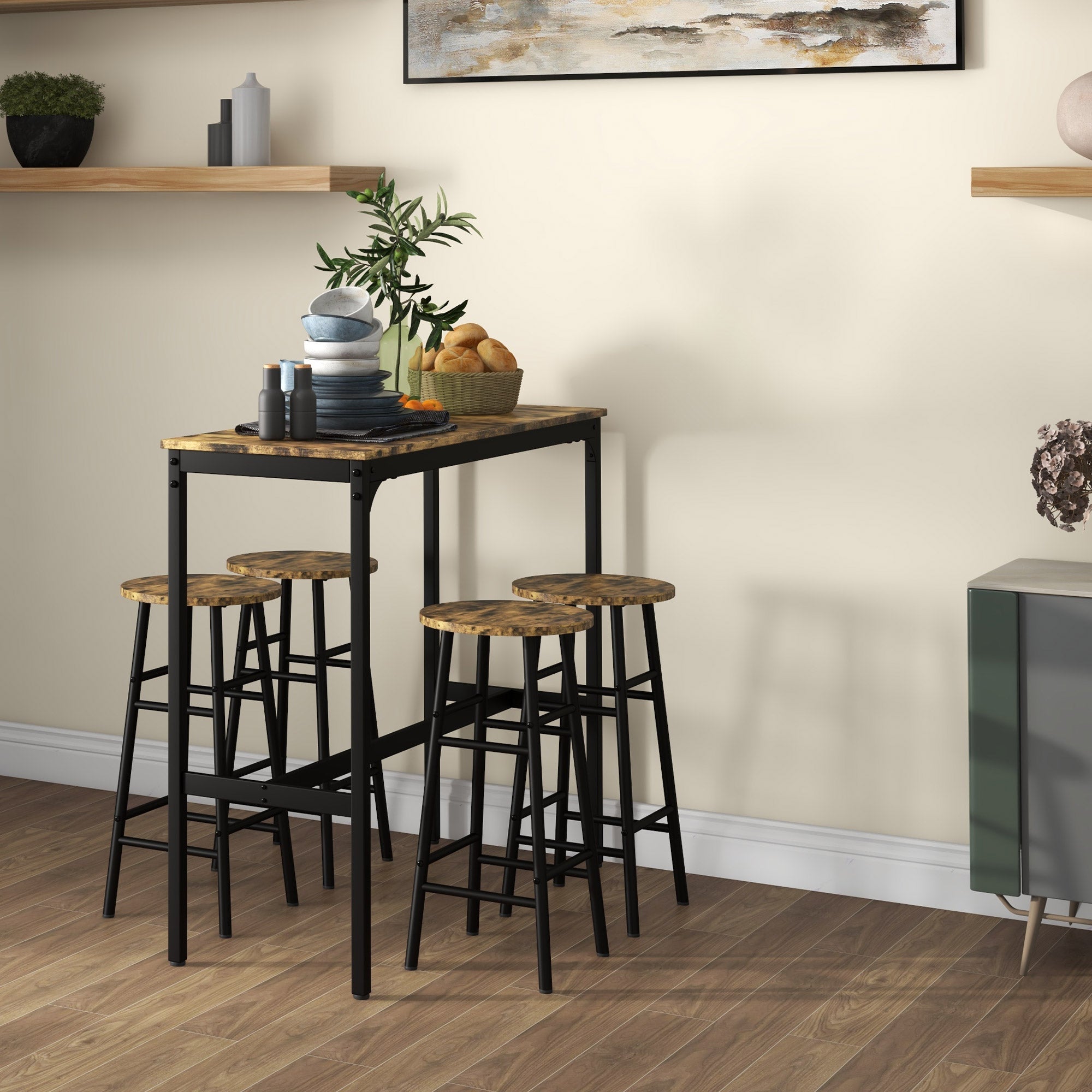 EasyComfort 5-delig barset met tafel en 4 krukken, zwart/bruin