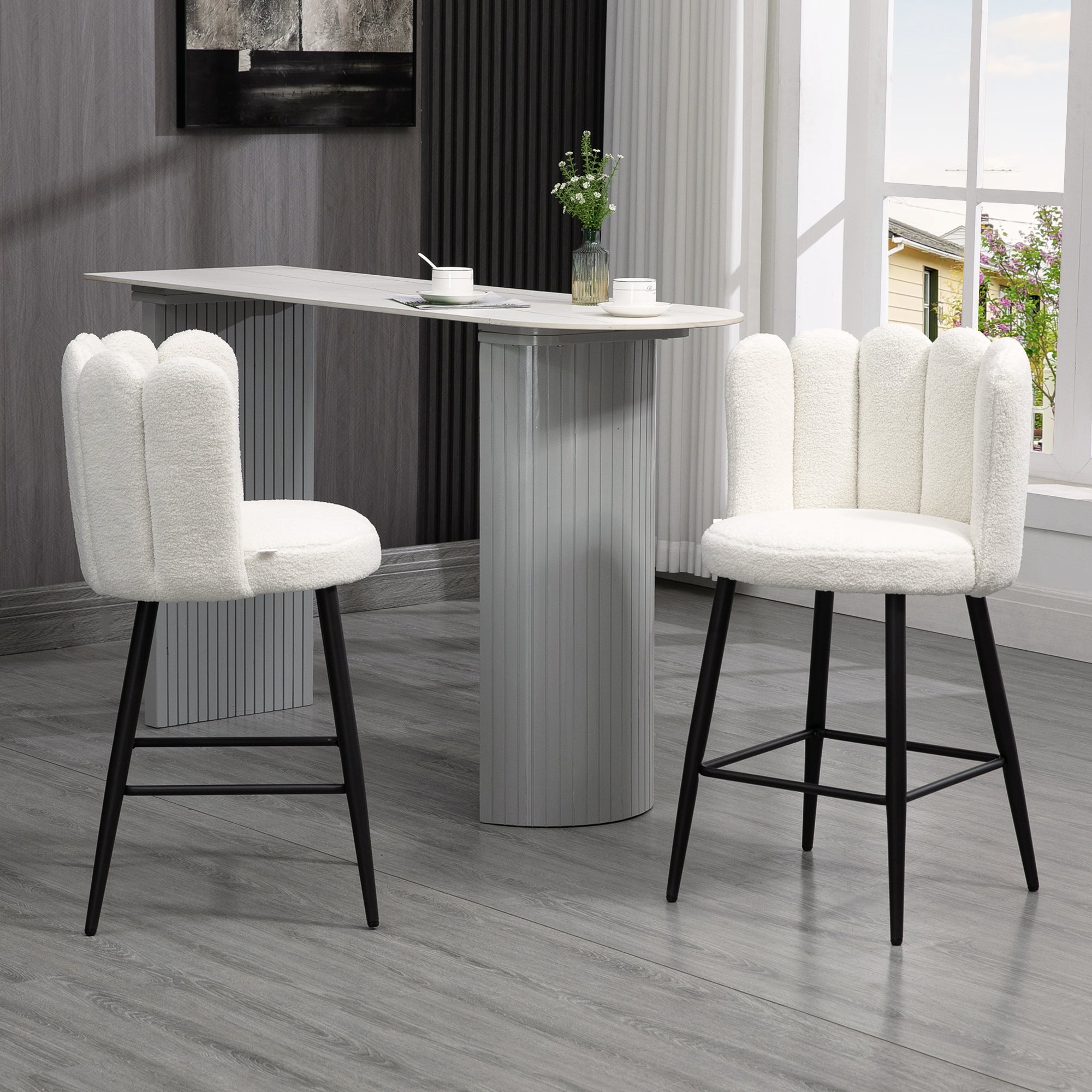 EasyComfort Set 2 Sgabelli Alti imbottiti with Poggiapiedi Regolabile Moderno da Cucina Pz in Poliestere, Acciaio e Gommapiuma, white crema