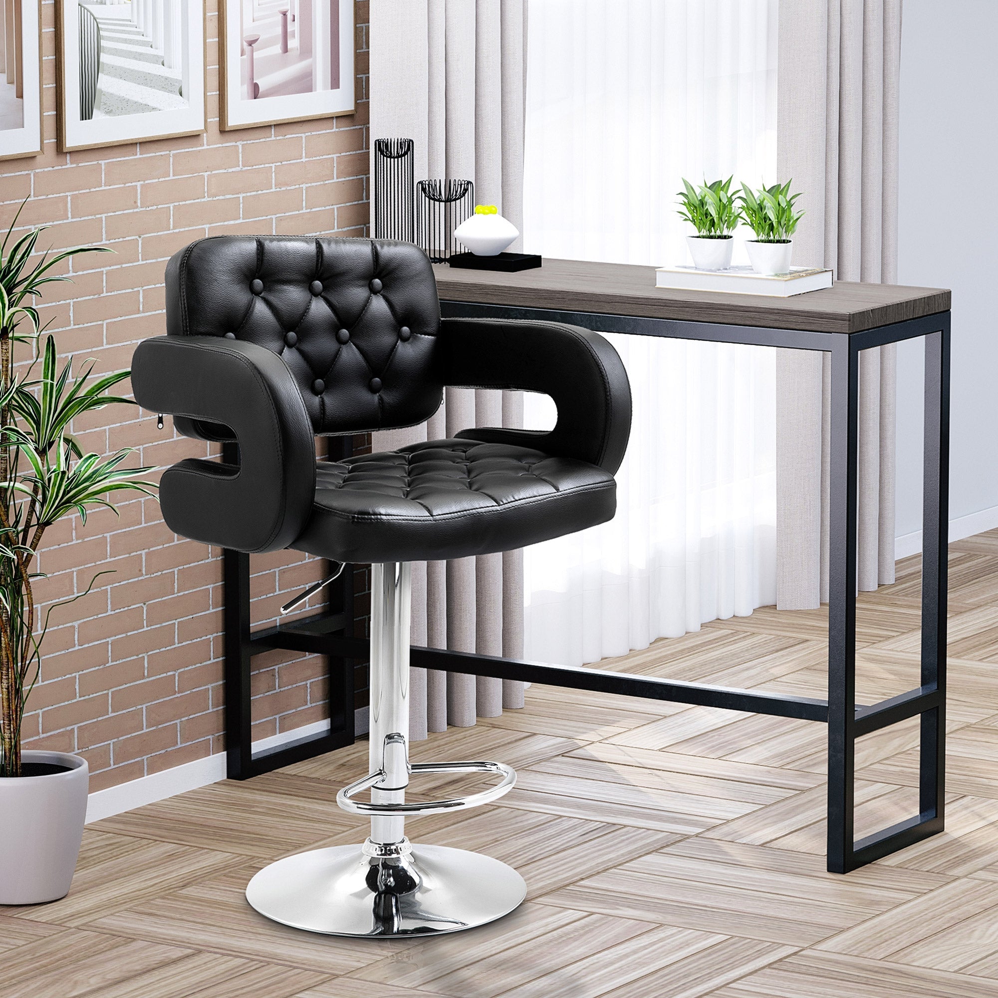 EasyComfort Barkruk met Rugleuning en Armleuningen, Zwart kunstleer, 63.5-83.5 cm