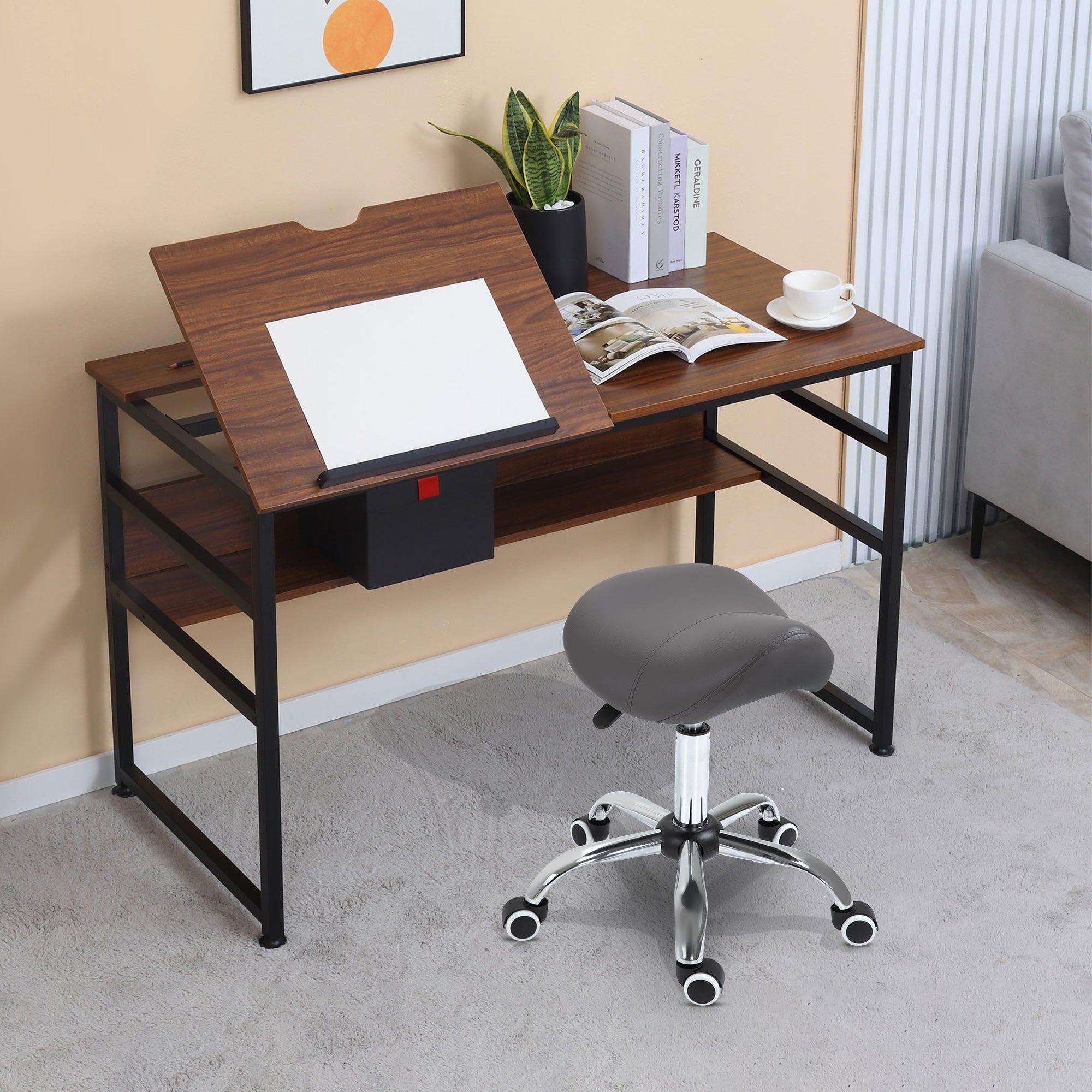 Easycomfort Sgabello da Lavoro a Sella with Ruote e Altezza Regolabile per Negozi Parrucchiere e Tattoo, 52x53x49-61cm Grigio