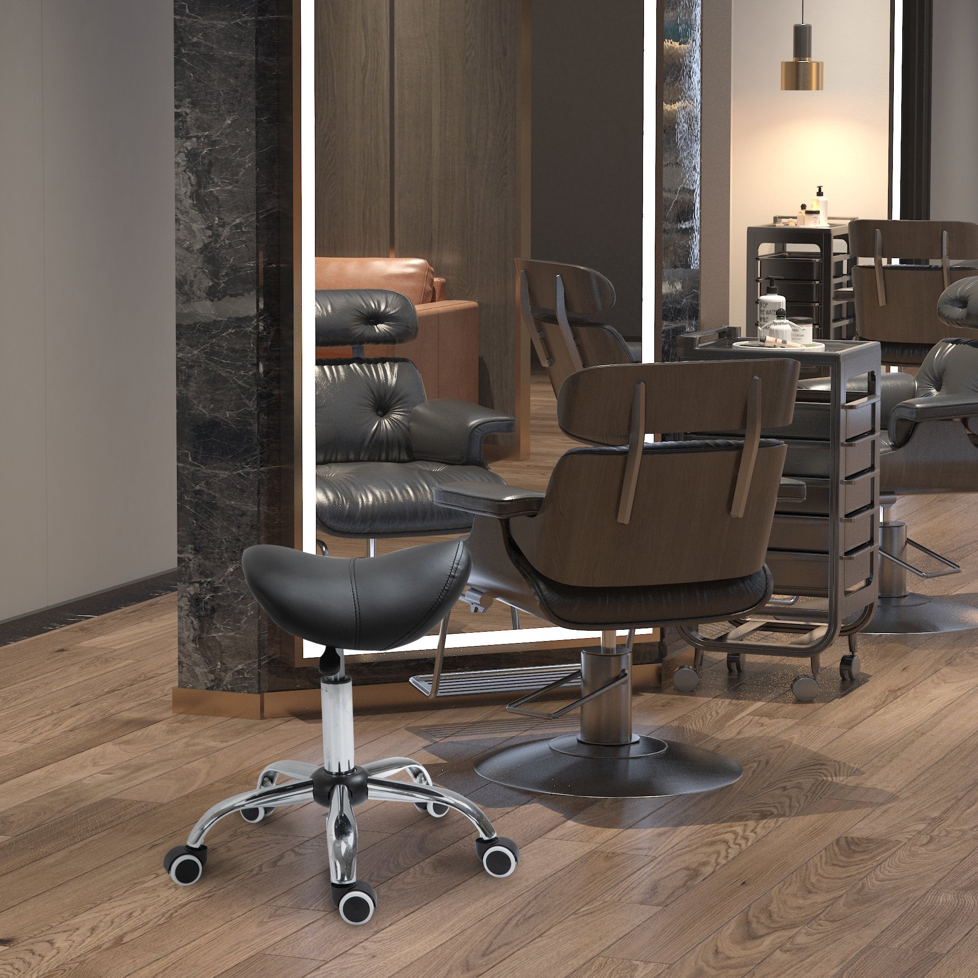Easycomfort Sgabello da Lavoro a Sella with Ruote e Altezza Regolabile per Negozi Parrucchiere e Tattoo, 52x53x49-61cm black
