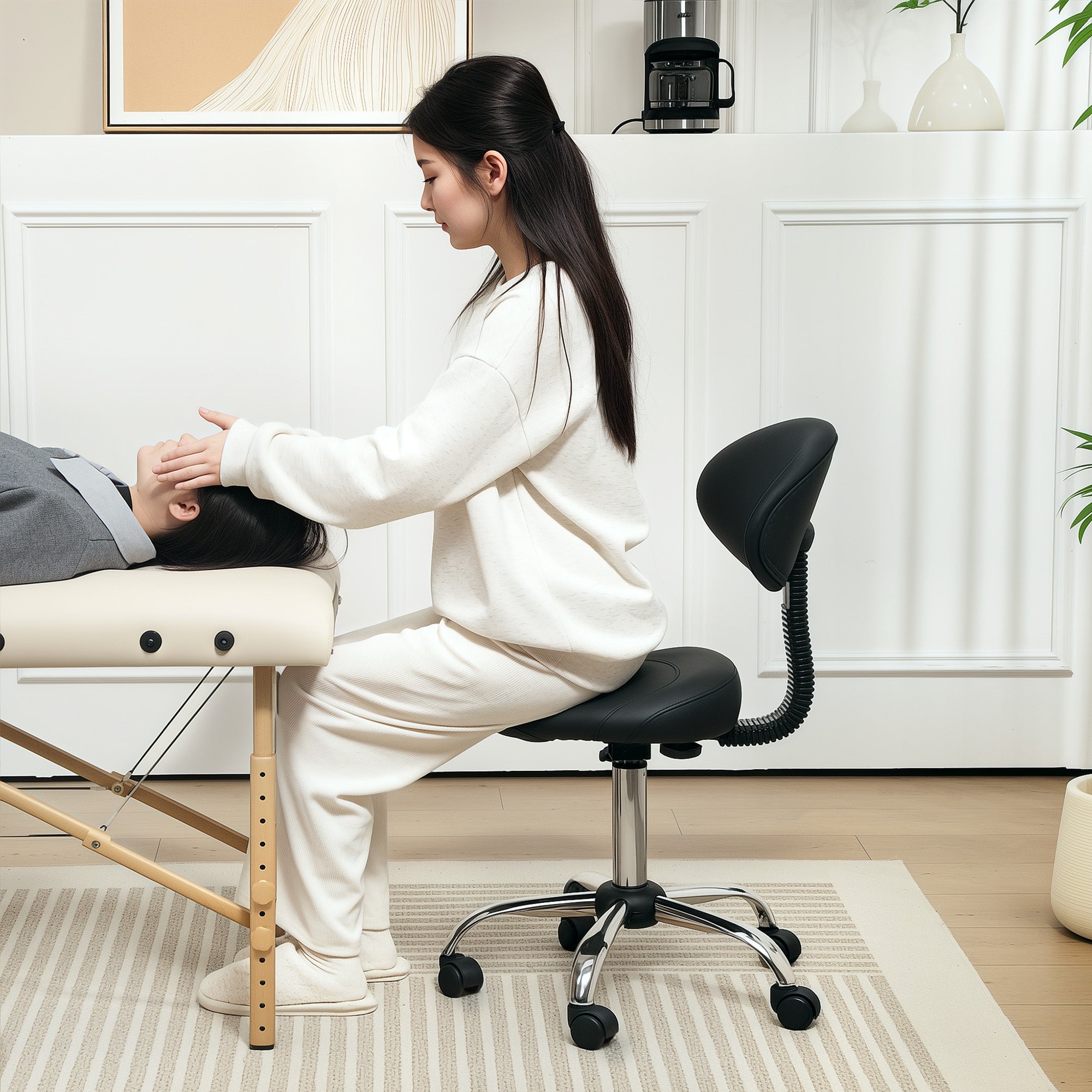 EasyComfort Sgabello Estetista with Ruote e Schienale, Altezza Regolabile e Seduta Girevole in Finta Pelle, black