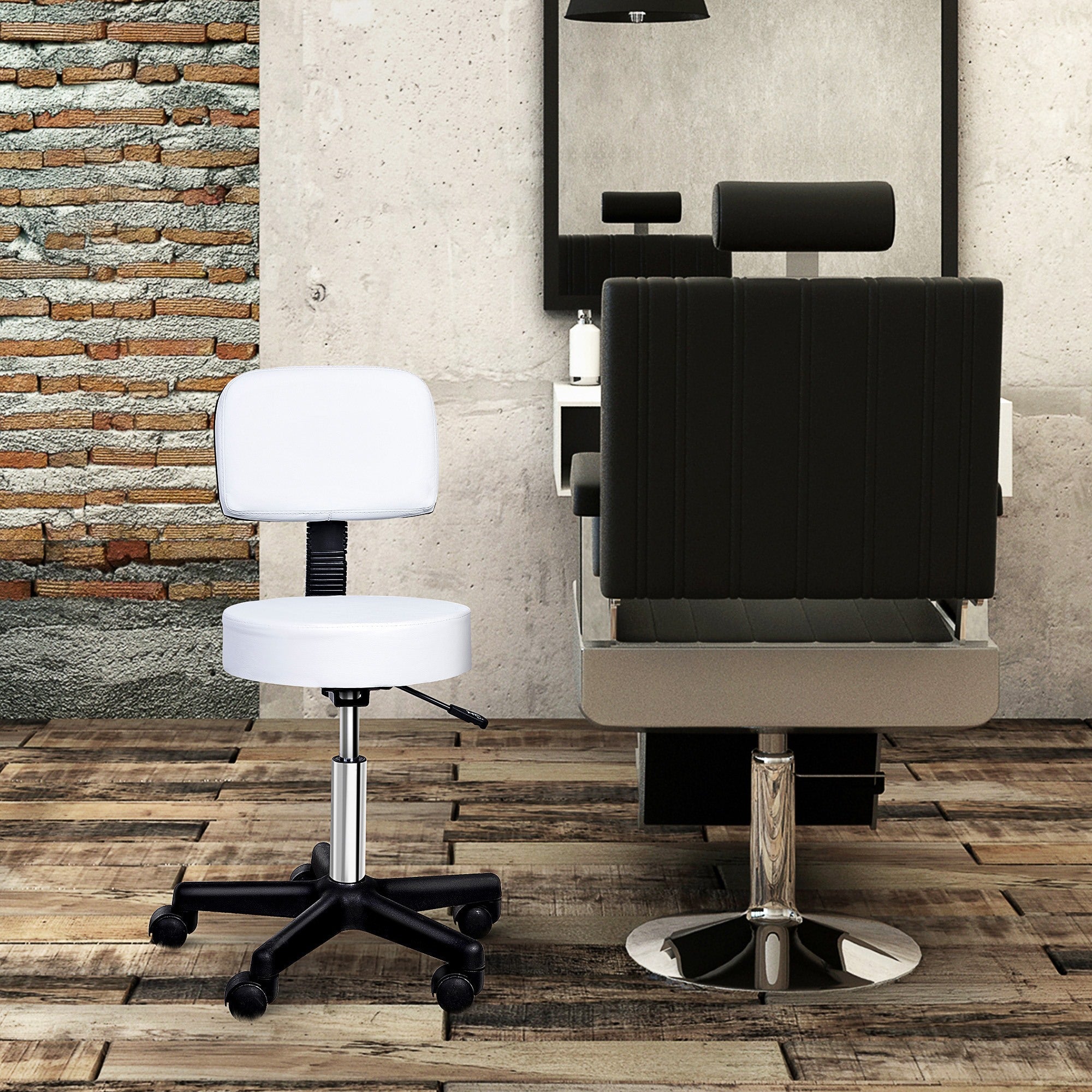 Easycomfort Sgabello Girevole with Schienale, Altezza Regolabile e 5 Ruote in pelle PU Bianca per Casa o Negozio
