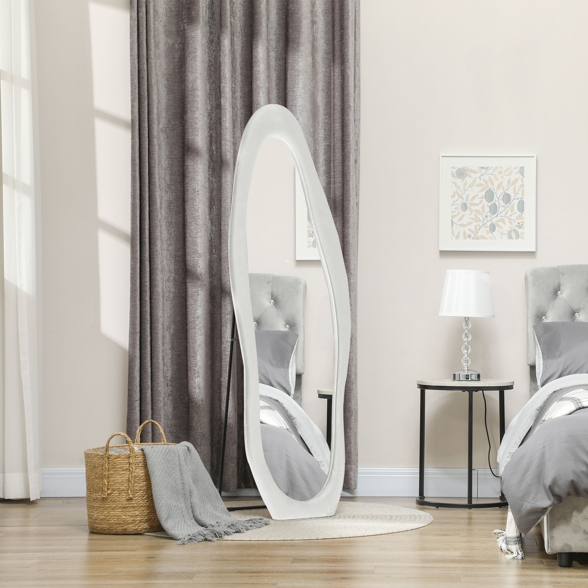 EasyComfort Staande en wandspiegel met gewelfde fluwelen lijst, 160x50 cm, wit