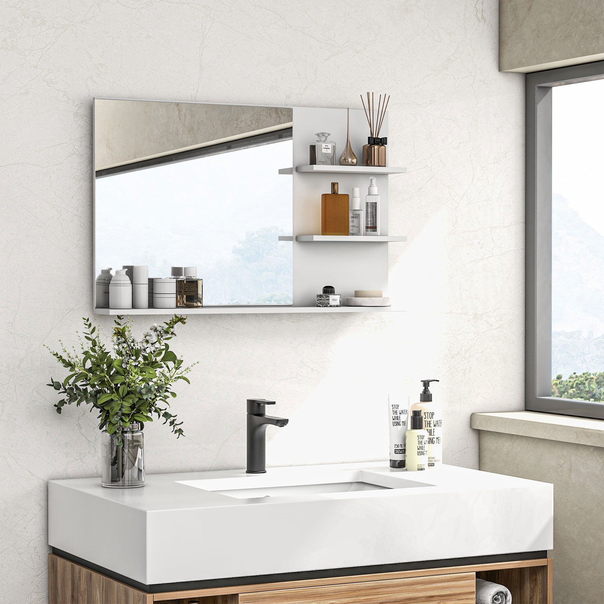 EasyComfort Badkamerspiegel met 2 zijplanken en onderplank, MDF & glas, 75x10x48 cm, wit