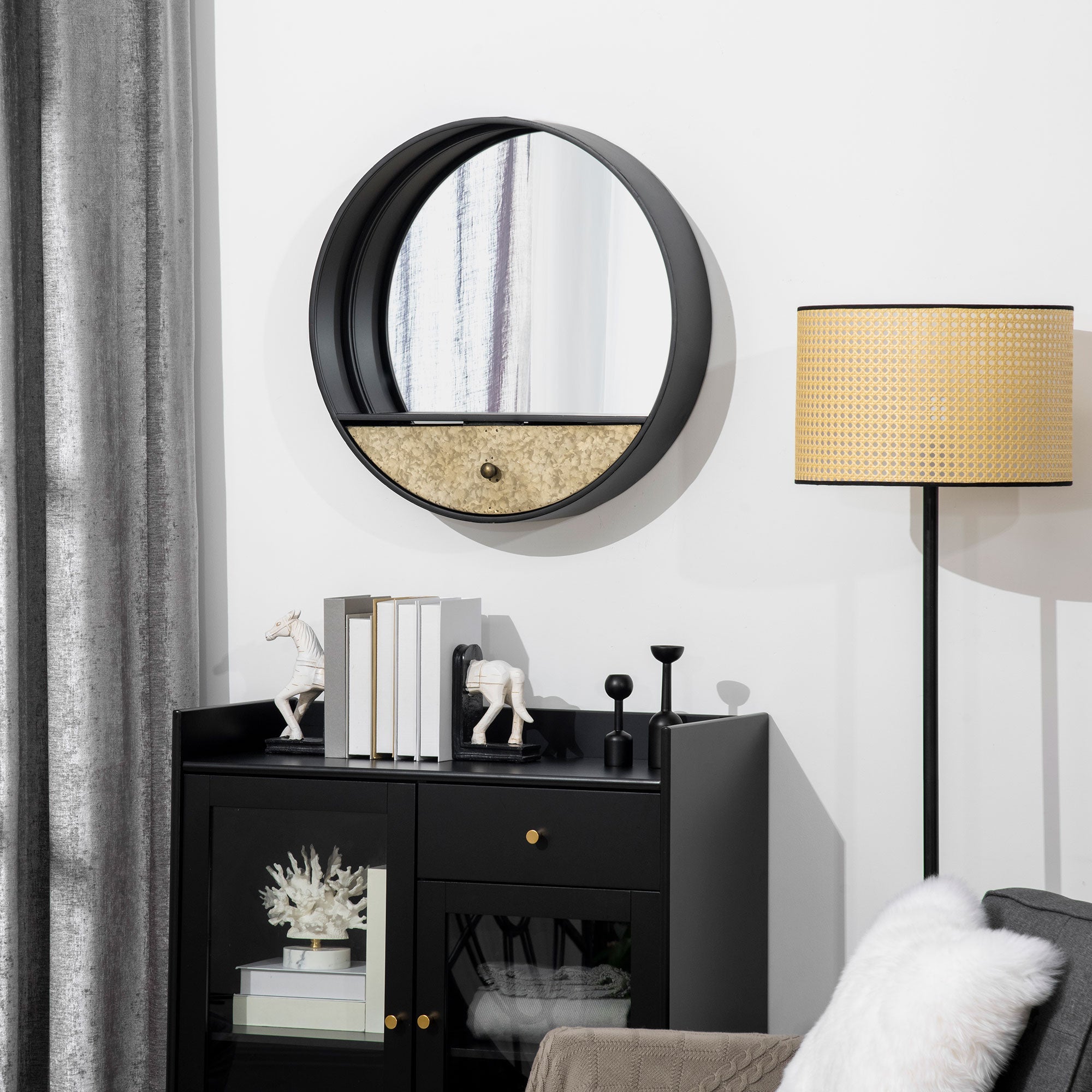 EasyComfort Spiegel rond Ø61 cm met lade en metalen rand (zwart)