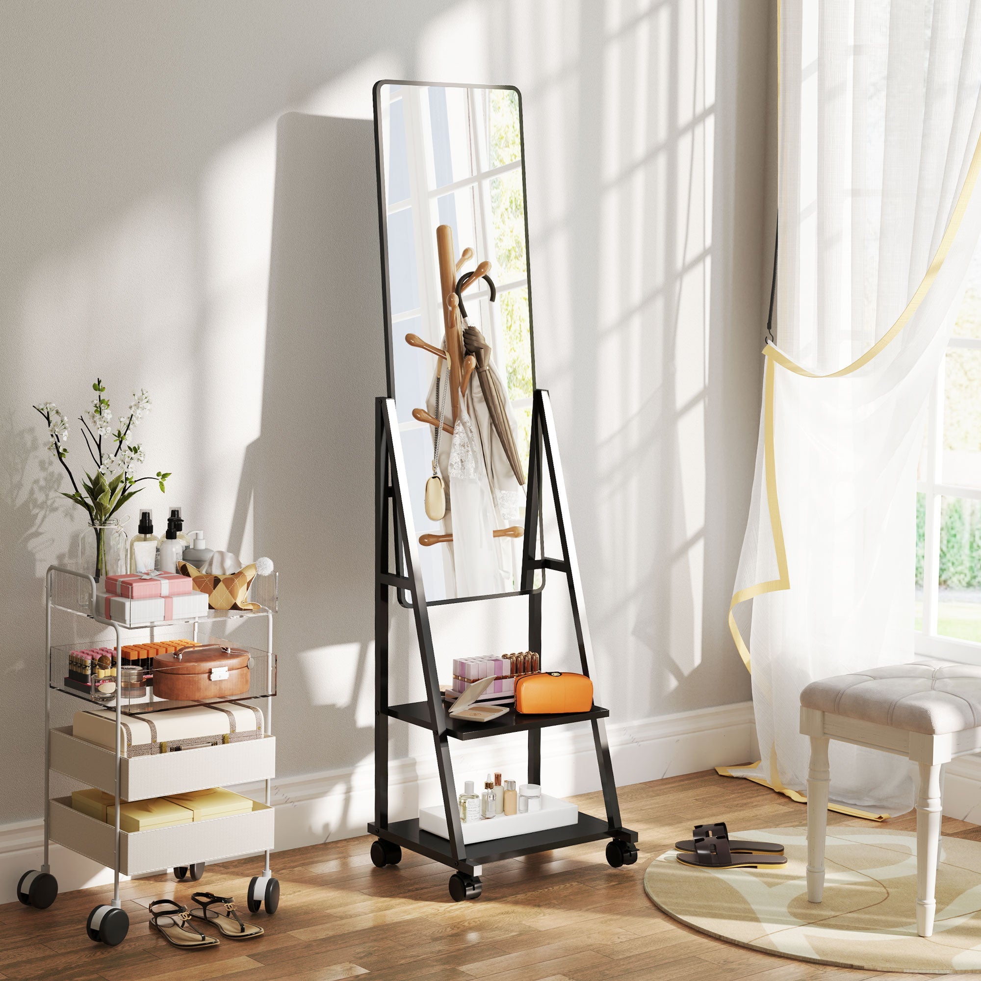 EasyComfort Staande spiegel met 2 planken, 4 wielen, 42x37x155 cm