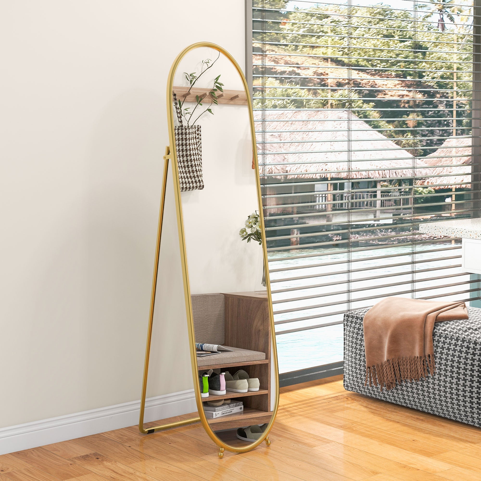 EasyComfort Specchio Verticale Ovale da Terra with Supporto, in Vetro e Metallo, 40x41x159 cm, Tonalità Oro