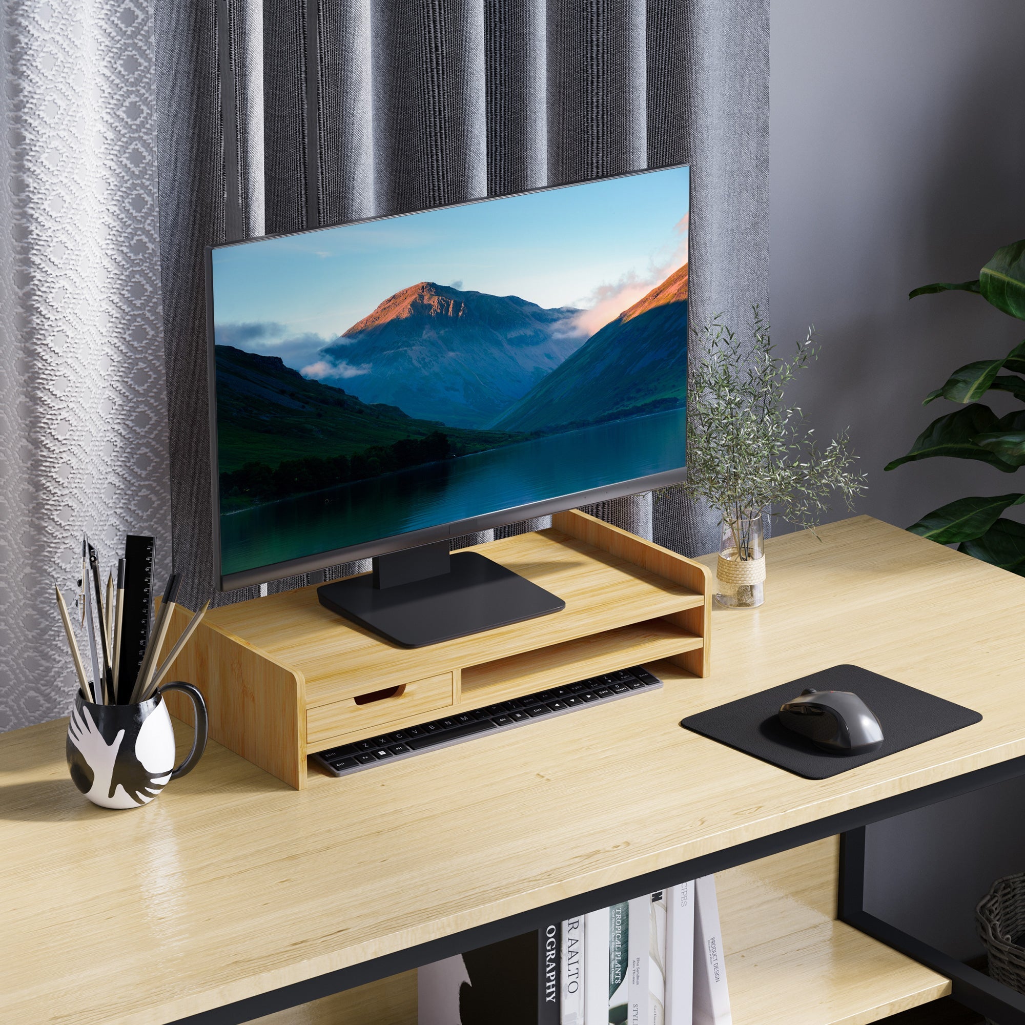 EasyComfort Monitorstandaard met lade en toetsenbordruimte, bamboe 49x25.5x11.5 cm