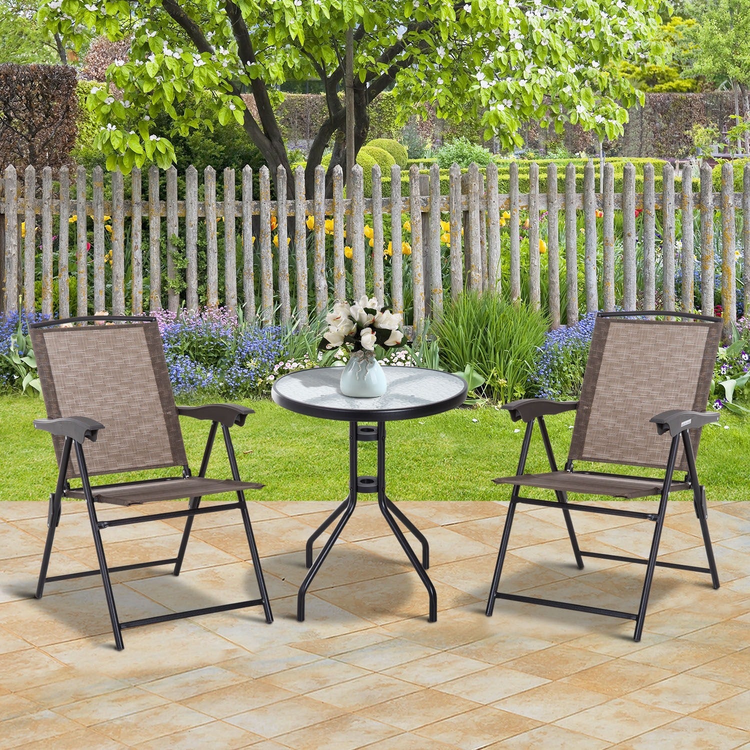 EasyComfort Tavolino tuintafelset 3-delig (tafel Ø60 cm + 2 inklapbare stoelen)