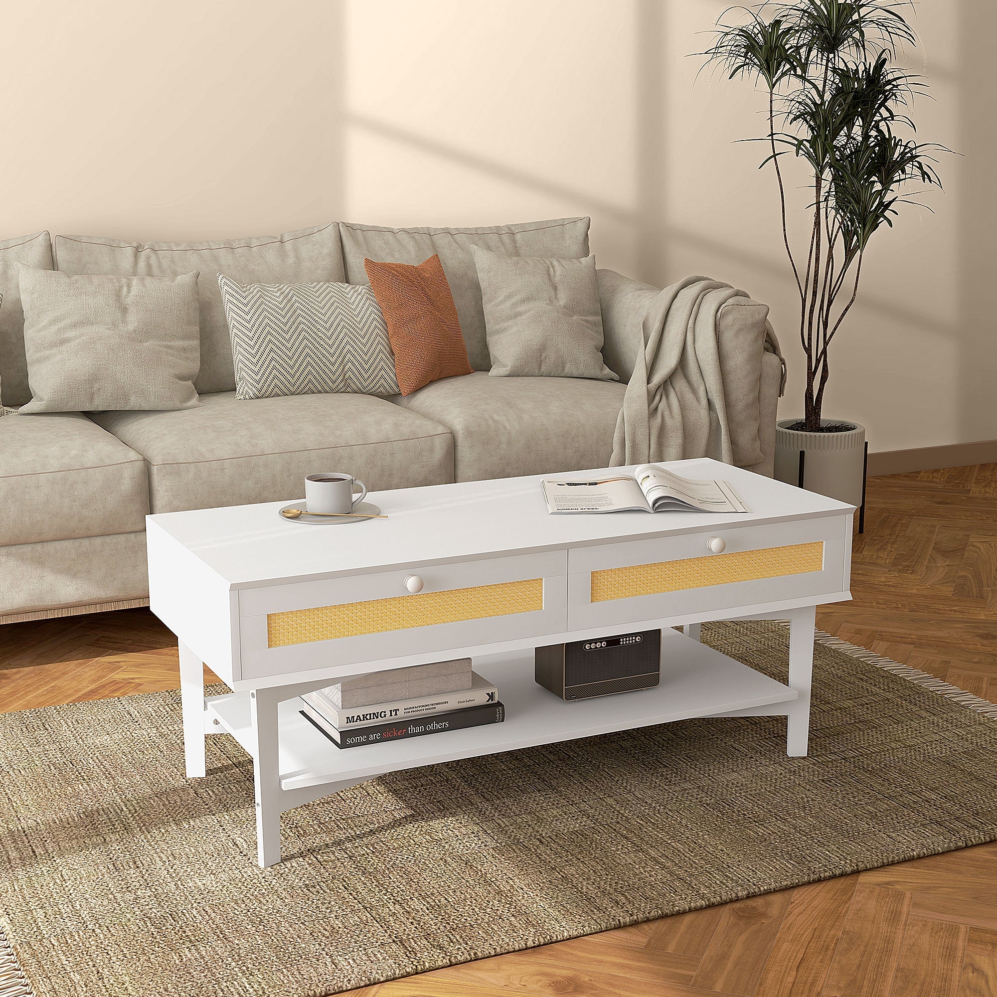 EasyComfort Boho koffietafel 120x50x50 cm, 2 lades, rattan/wit