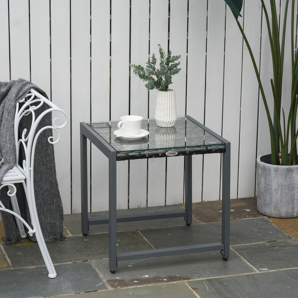 Easycomfort Tavolino da Caffè da Giardino Piano in Vetro Temperato in Rattan Alluminio 50 x 49,5 x 50 cm