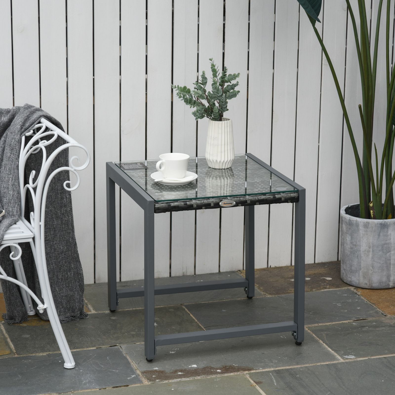 Easycomfort Tavolino da Caffè da Giardino Piano in Vetro Temperato in Rattan Alluminio 50 x 49,5 x 50 cm