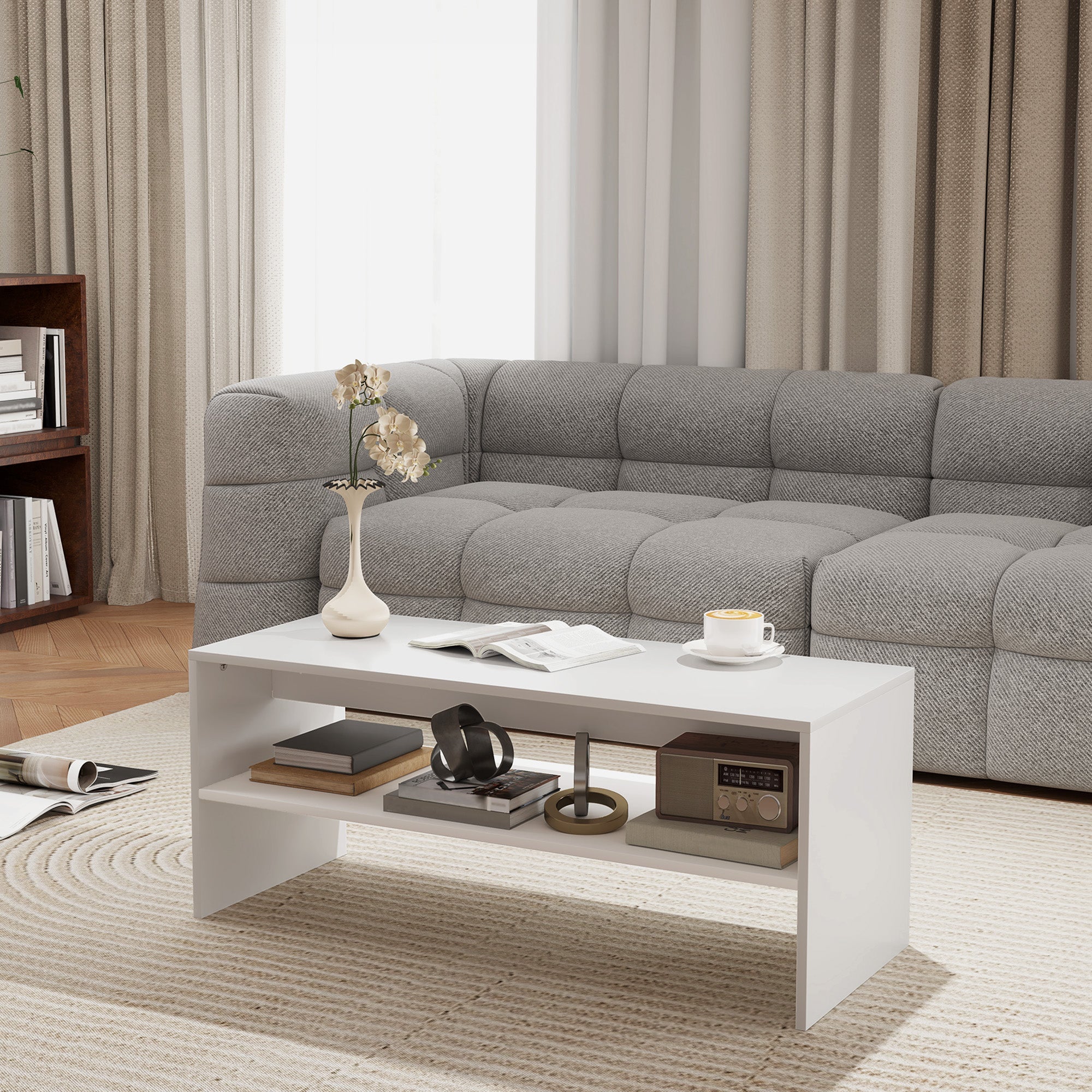 EasyComfort Tavolino da Caffè Moderno in Legno a 2 Livelli with Ripiano Aperto, 100x40x41.5 cm, white