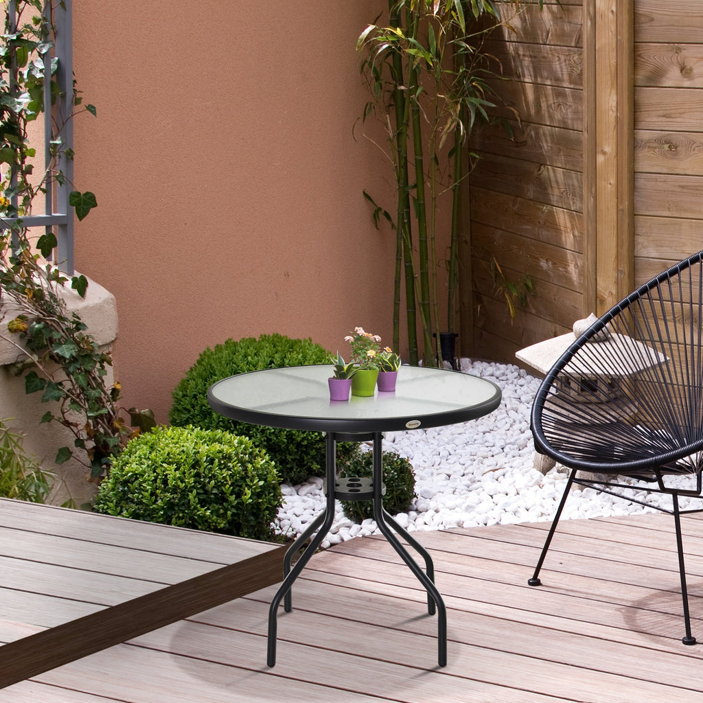 Easycomfort Tavolino da Giardino with Piano in Vetro Temperato e Foro per Ombrellone Acciaio Ф80 x 72 cm black