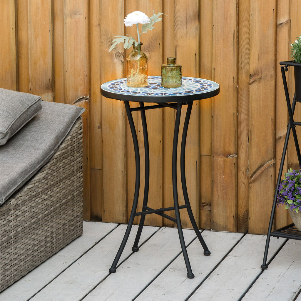EASYCOMFORT Round Mosaic Garden Coffee Table in Metal with Ceramic Top, Ф35.5x53.5cm, Blue