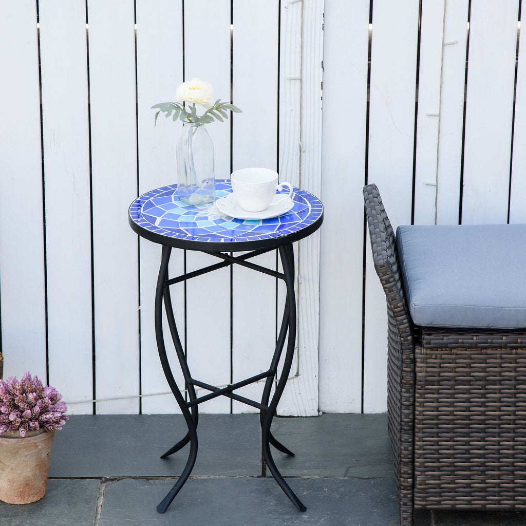 EASYCOMFORT Round Mosaic Garden Coffee Table in Metal with Ceramic Top, Ф35.5x53.5cm