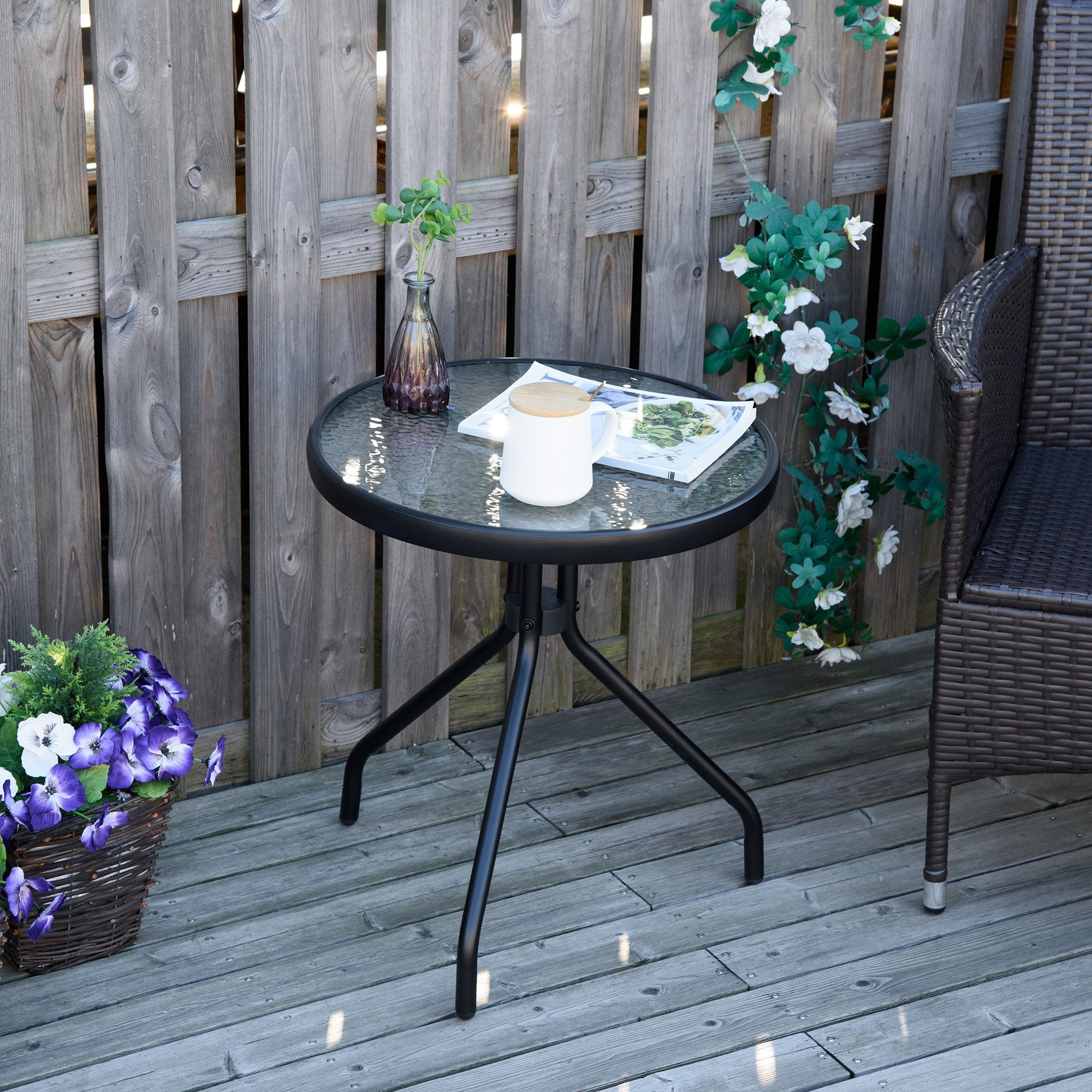 Easycomfort Tavolino da Giardino Rotondo with Ripiano in Vetro e Struttura in Metallo, Φ50x55cm, black