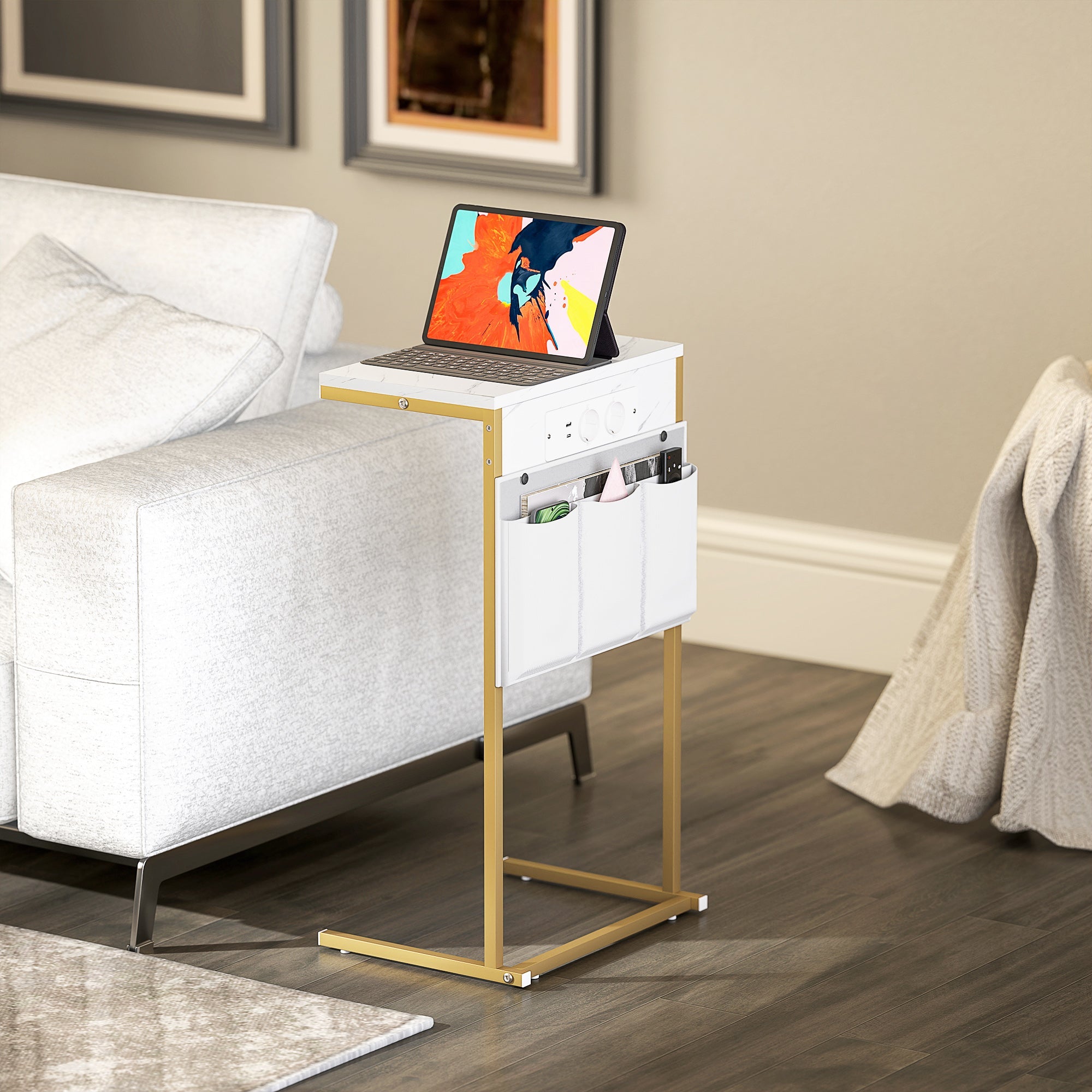 EasyComfort C‑vormige bijzettafel marmerlook met stopcontacten en USB, wit