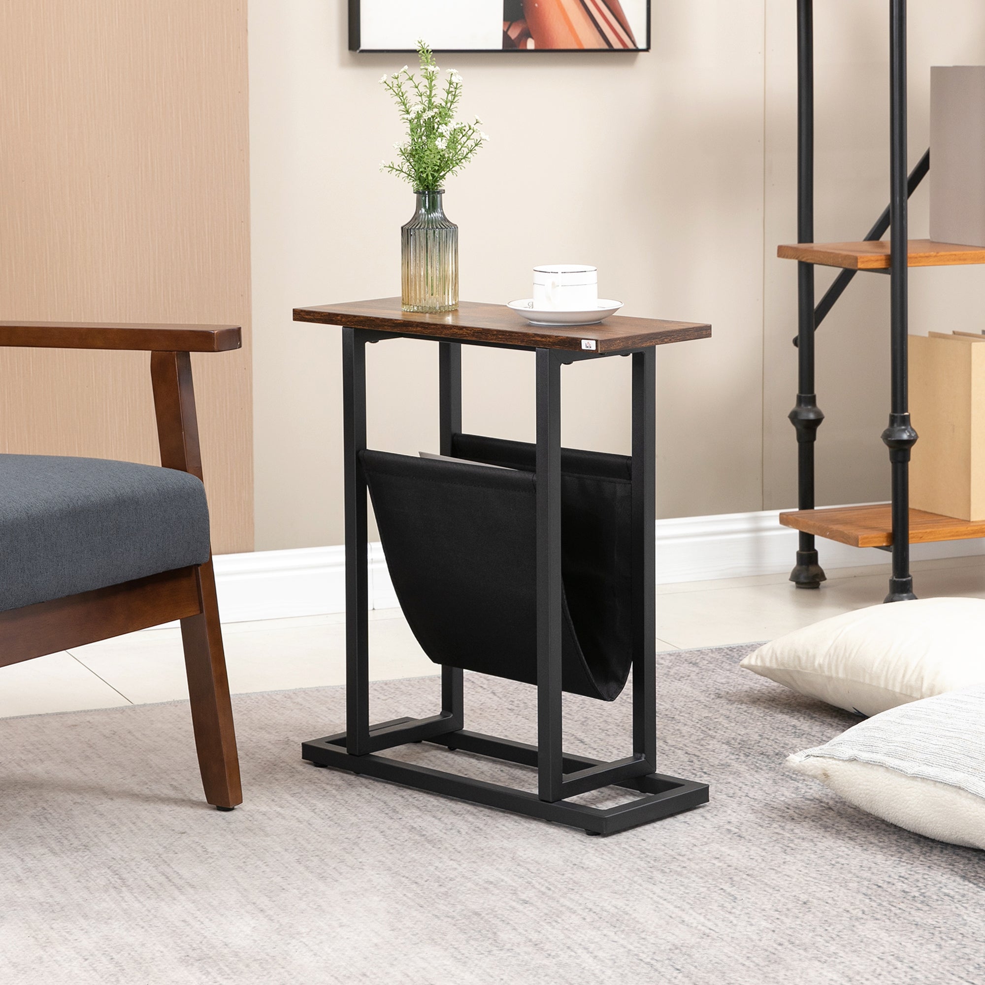 Easycomfort Tavolino da Salotto in Truciolato e Acciaio with Borsa Portaoggetti in Tessuto Oxford, 49x19x55 cm, Marrone e black