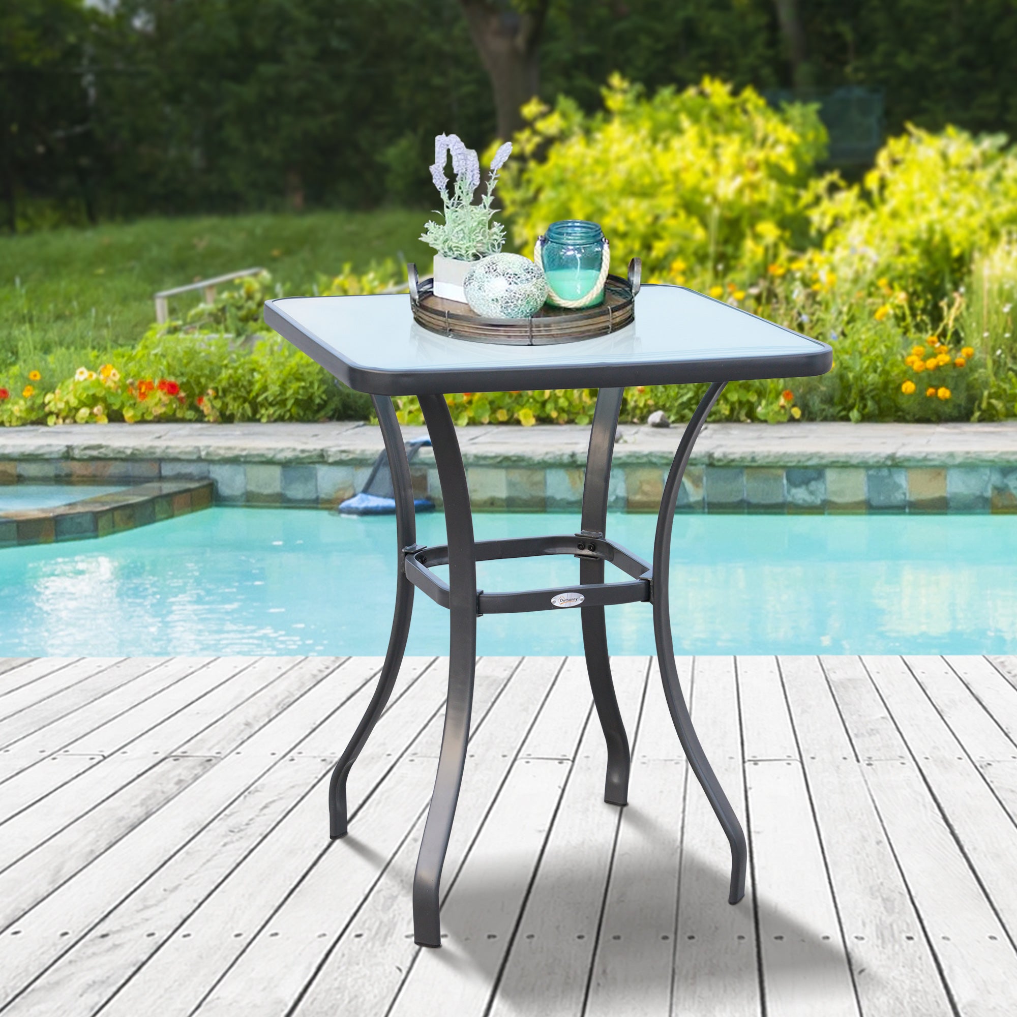 Easycomfort Tavolino Moderno Piano in Vetro Temperato, Tavolo da Giardino Esterno Metallo 68.5x68.5x84cm Grigio