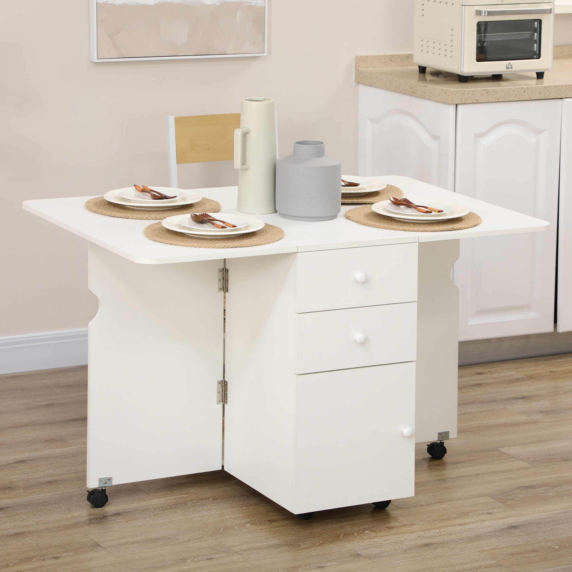 EasyComfort Tavolo da Cucina a Ribalta with 2 Cassetti e Armadietto ad Ante, in Truciolato, 120x80x75 cm, white